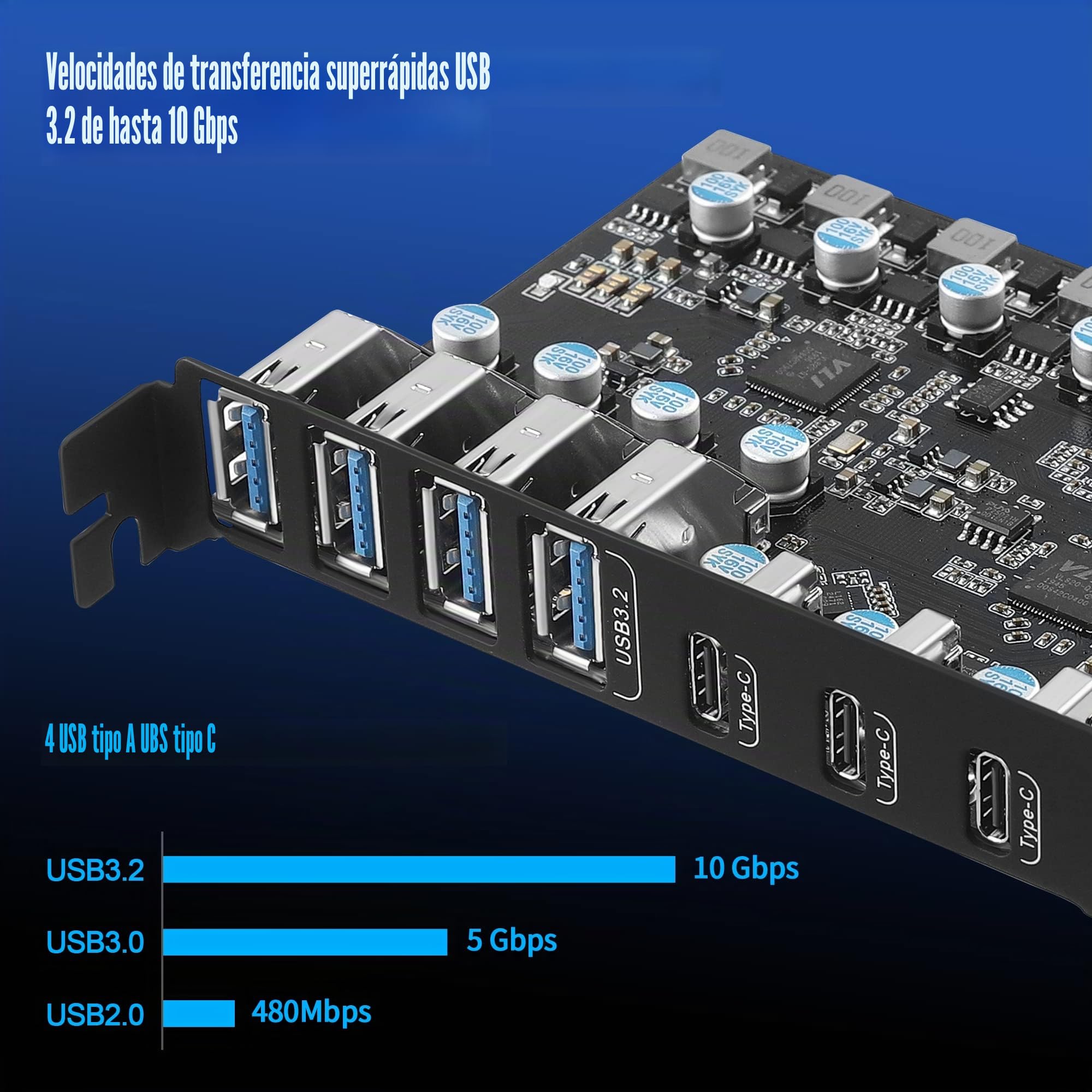 Tarjeta de expansión PCIe x4 a USB 3.2 Gen 7-Puertos (4A +3C) con 20 Gbps de Ancho de Banda USB C PC 3.2 Card Express Expansion para PC de Escritorio Windows Linux