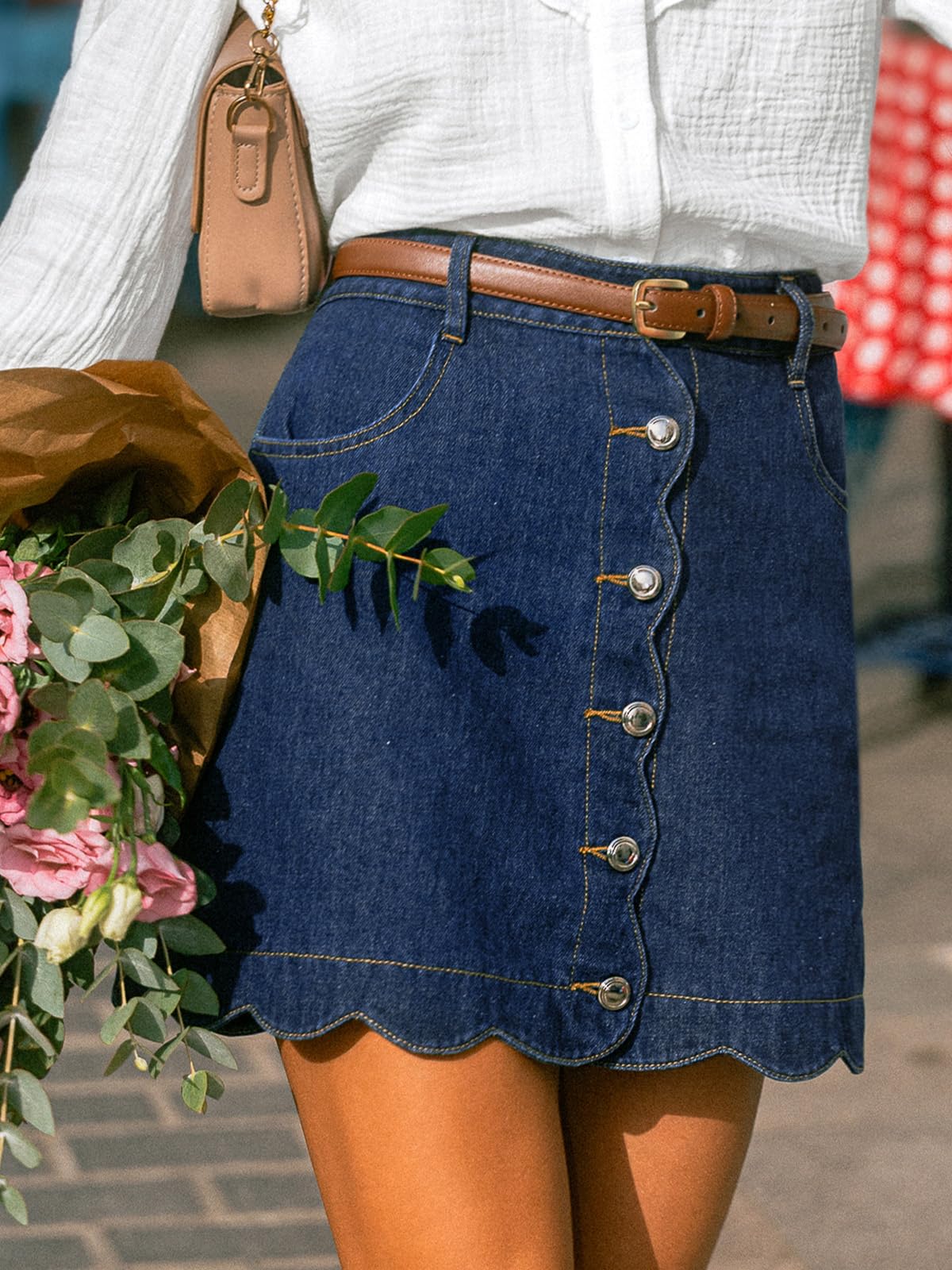 CUPSHE Jeansrock Damen Mini A-Linie mit hohem Bund und Muschelsaum