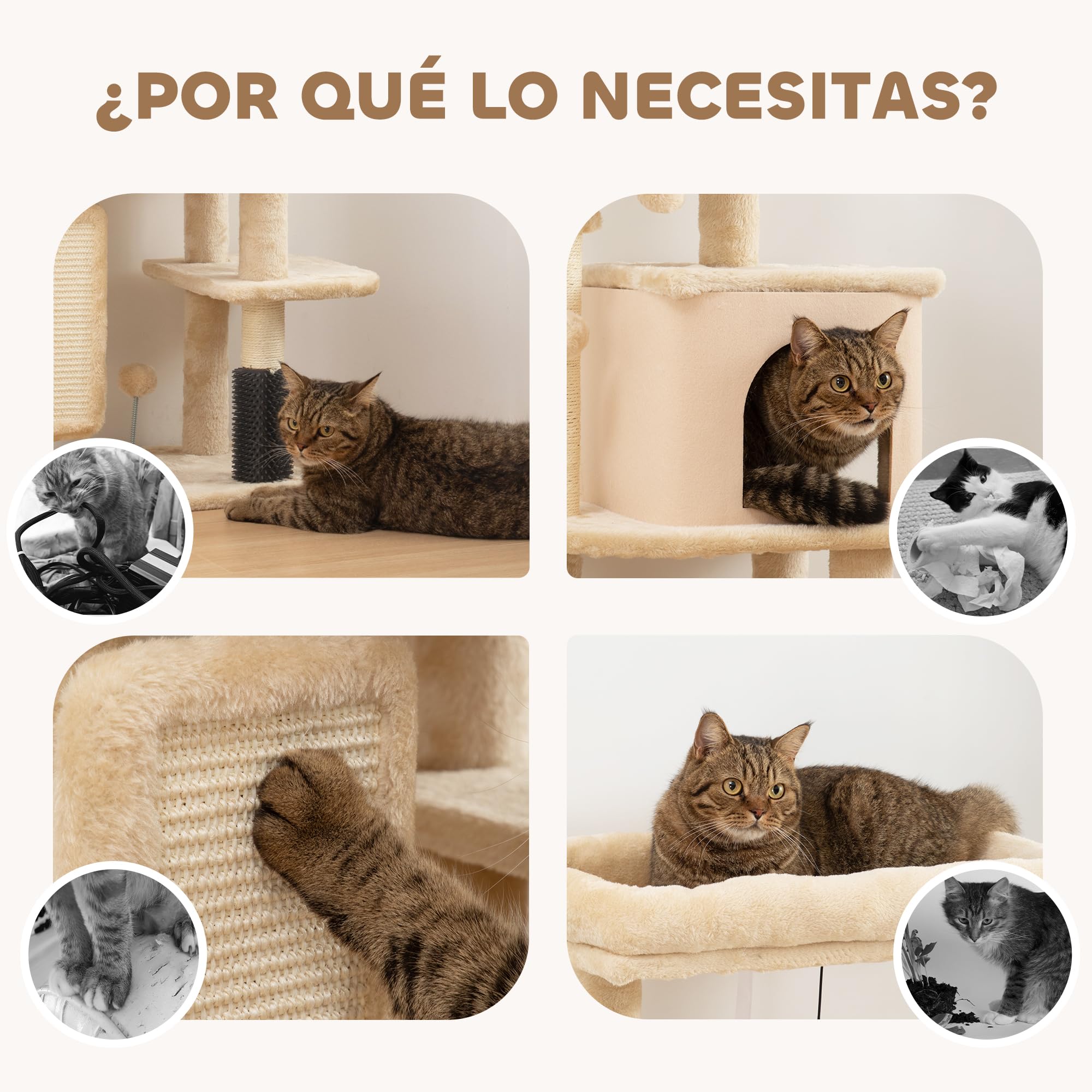 PawHut Árbol Rascador para Gatos - Altura 104 cm con Plataformas, Bolas Colgantes y Almohadilla para Rascar - Beige