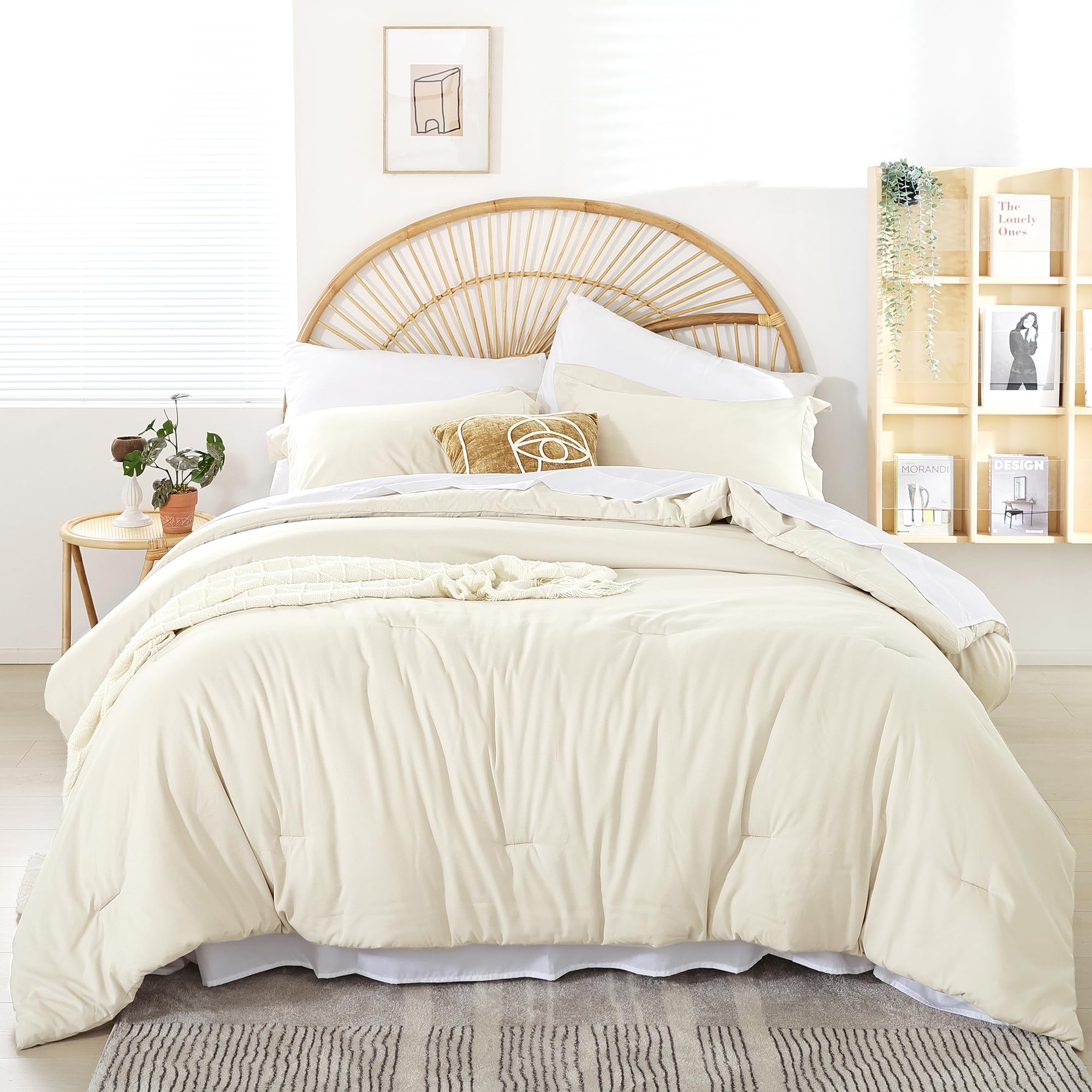 weigelia Queen Comforter Set with Sheets - Ivory 7 Piece Bed in a Bag Queen