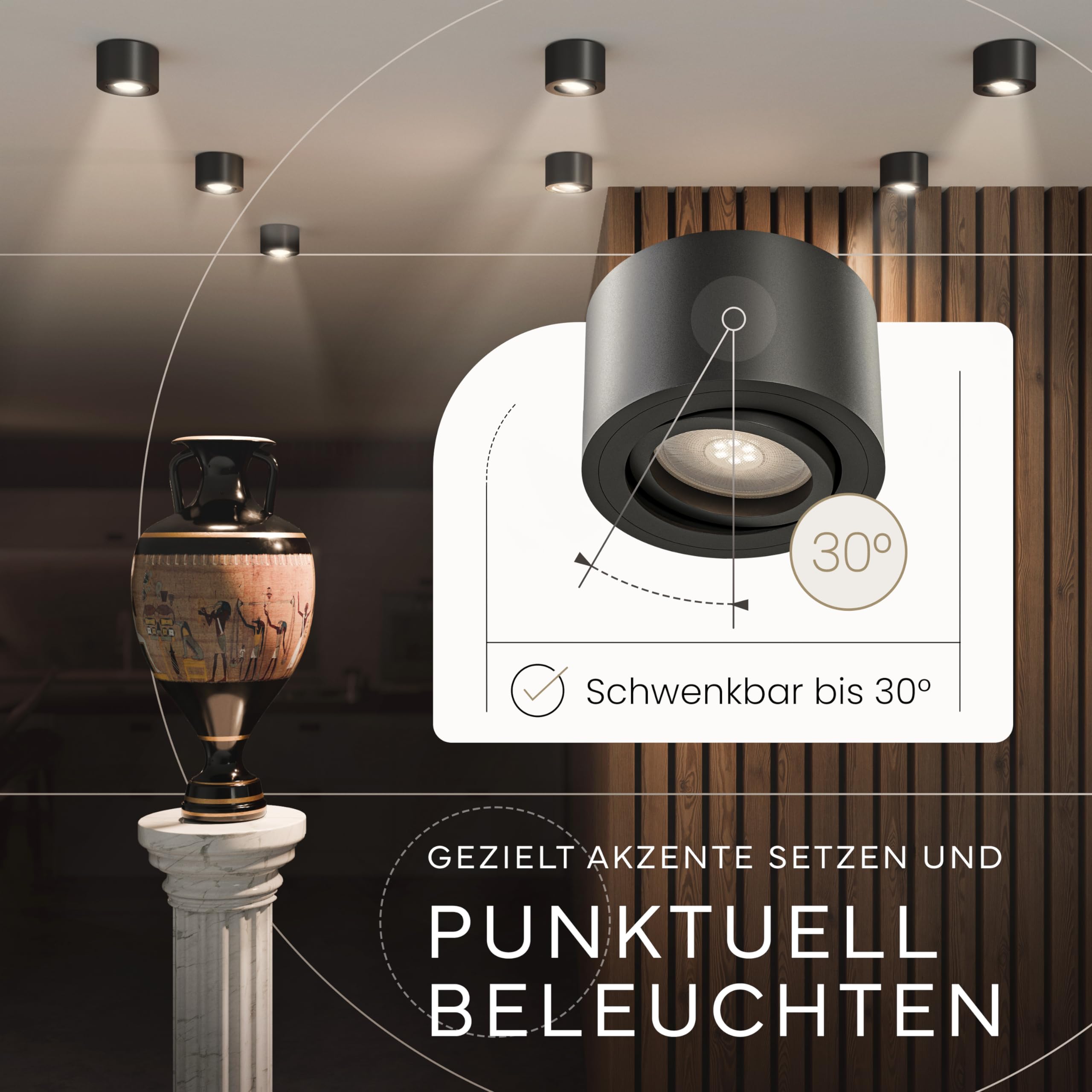MATO 6x Aufbauspot schwarz - extra flach & schwenkbar - Ø80x50mm - Aufputz Spots Decke ohne Leuchtmittel - Deckenspots, Aufbaustrahler, Aufbauleuchte für LED Module mit 50mm