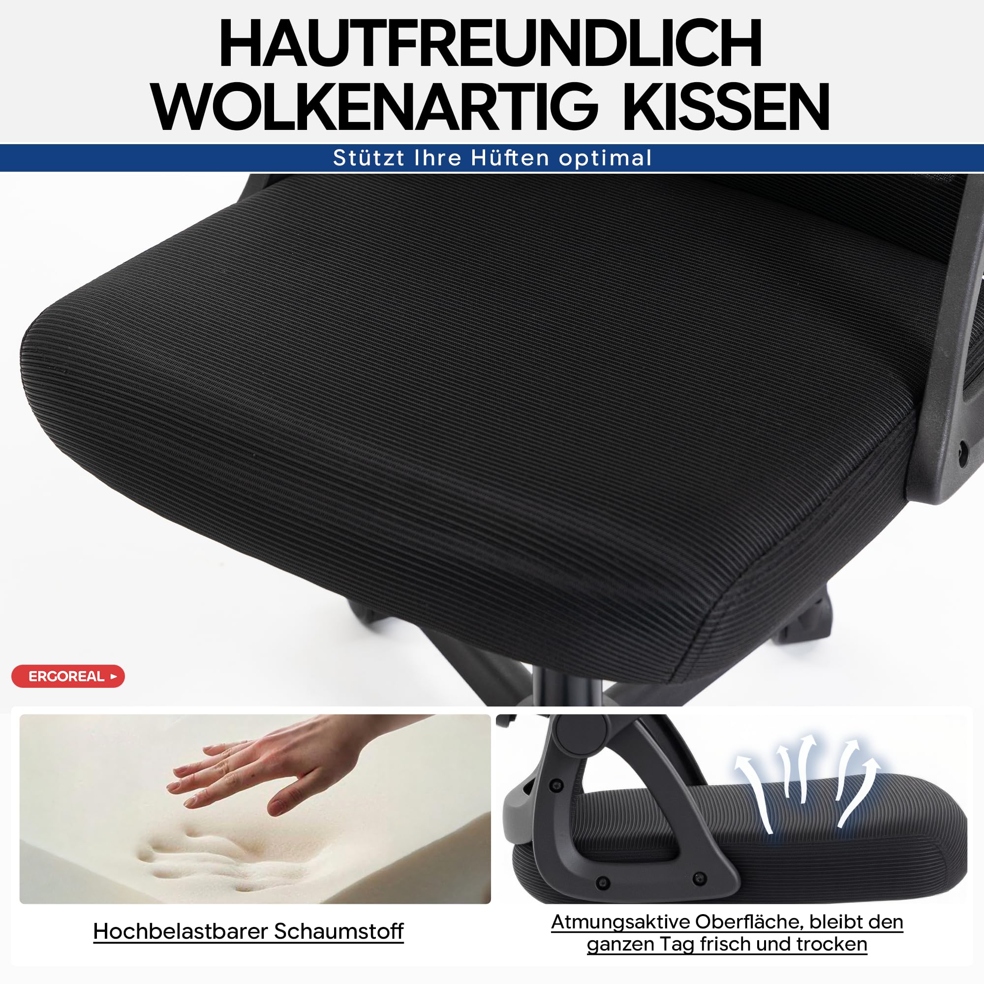 Bürostuhl ergonomisch – Schreibtischstuhl Netz, Lendenstütze 150kg | Klappbare Armlehnen, verstellbare Lendenstütze, 90-110° Rückenlehne, höhenverstellbar, leise Rollen, Homeoffice & Büro