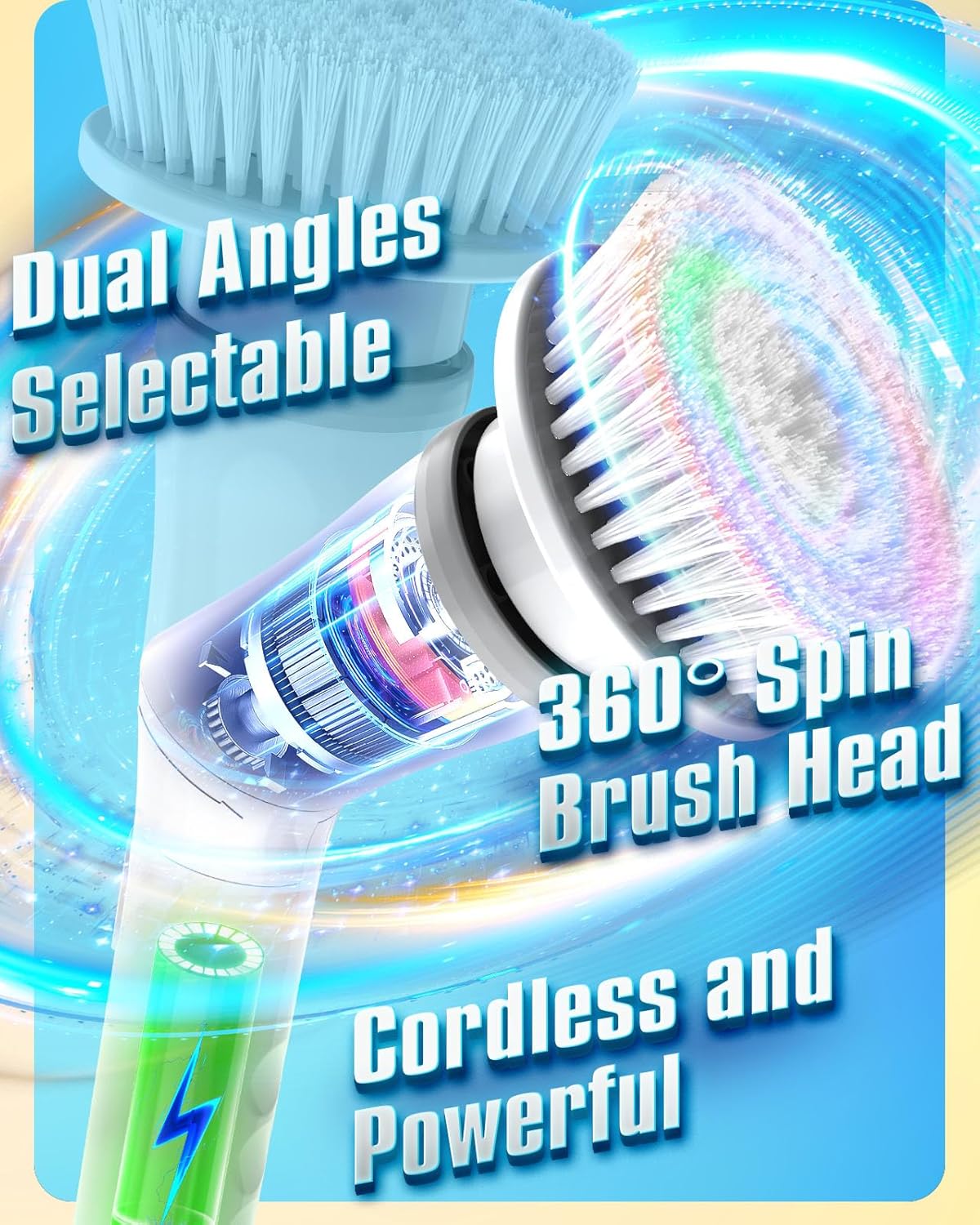 Close-up of the HeaBoom Electric Spin Scrubber head showing 360-degree spin and dual angle selection