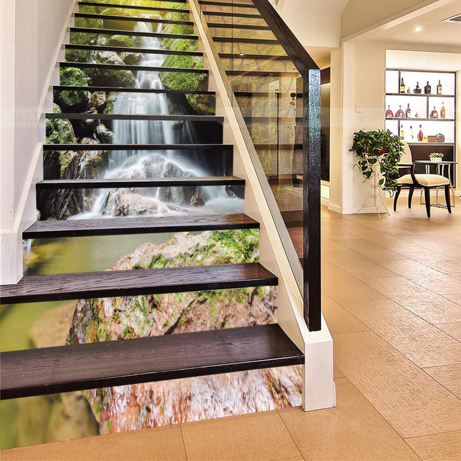 Flfk G294 13Pcs Stair Risers Stickers 39.37"X7.08",Vinyl Staircase Stickers Decals, Sunshine Waterfalls Mural Wallpaper For Stair Steps