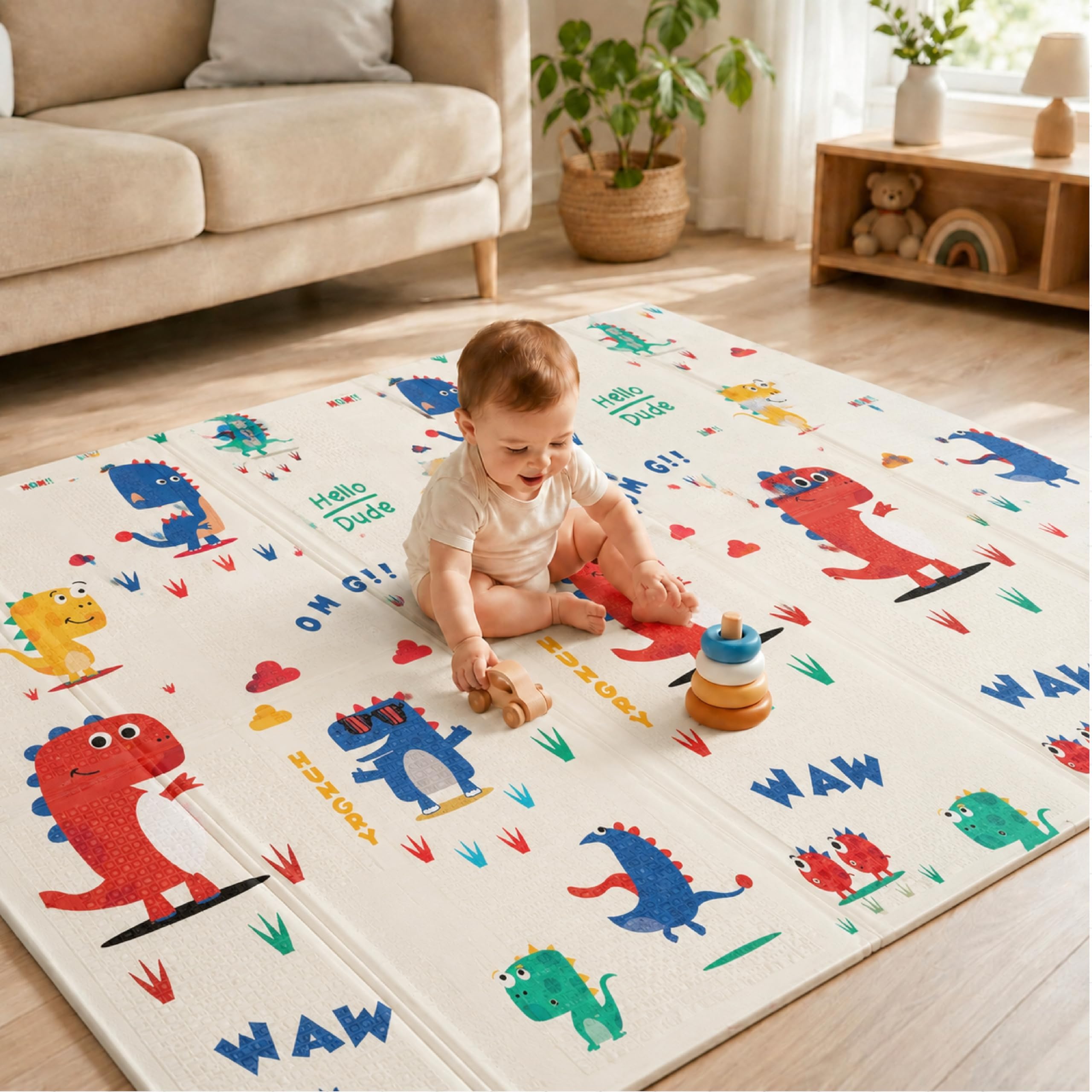 LILTOES Speedy Saurus Double-Sided Waterproof Baby Play Mat for Kids | Reversible Foldable Crawling Mat | Multicolour, Pack of 1