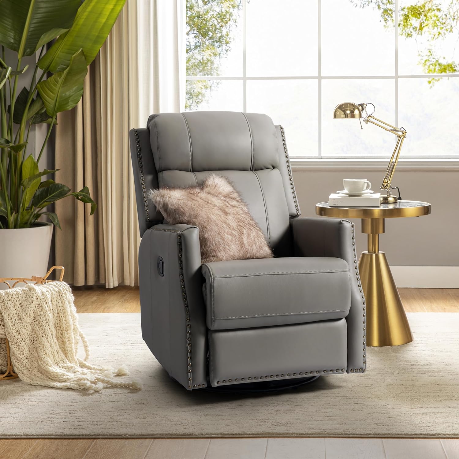 HULALA HOME Genuine Leather Swivel Rocker Recliner with