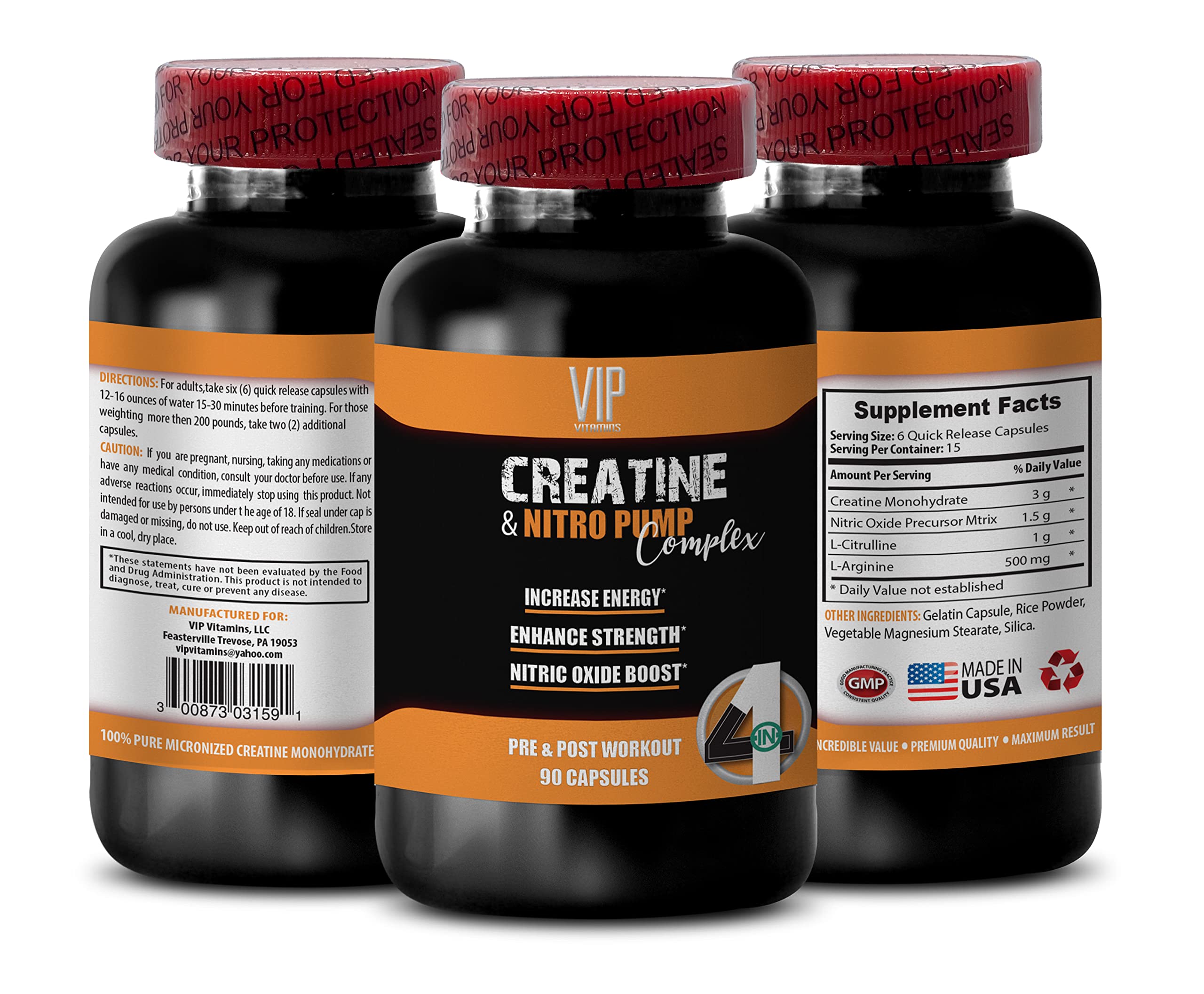 creatine monohydrate Powder - CREATINE & Nitro Pump Complex - Nitric Oxide Pills, 1 Bottle (90 Capsules)