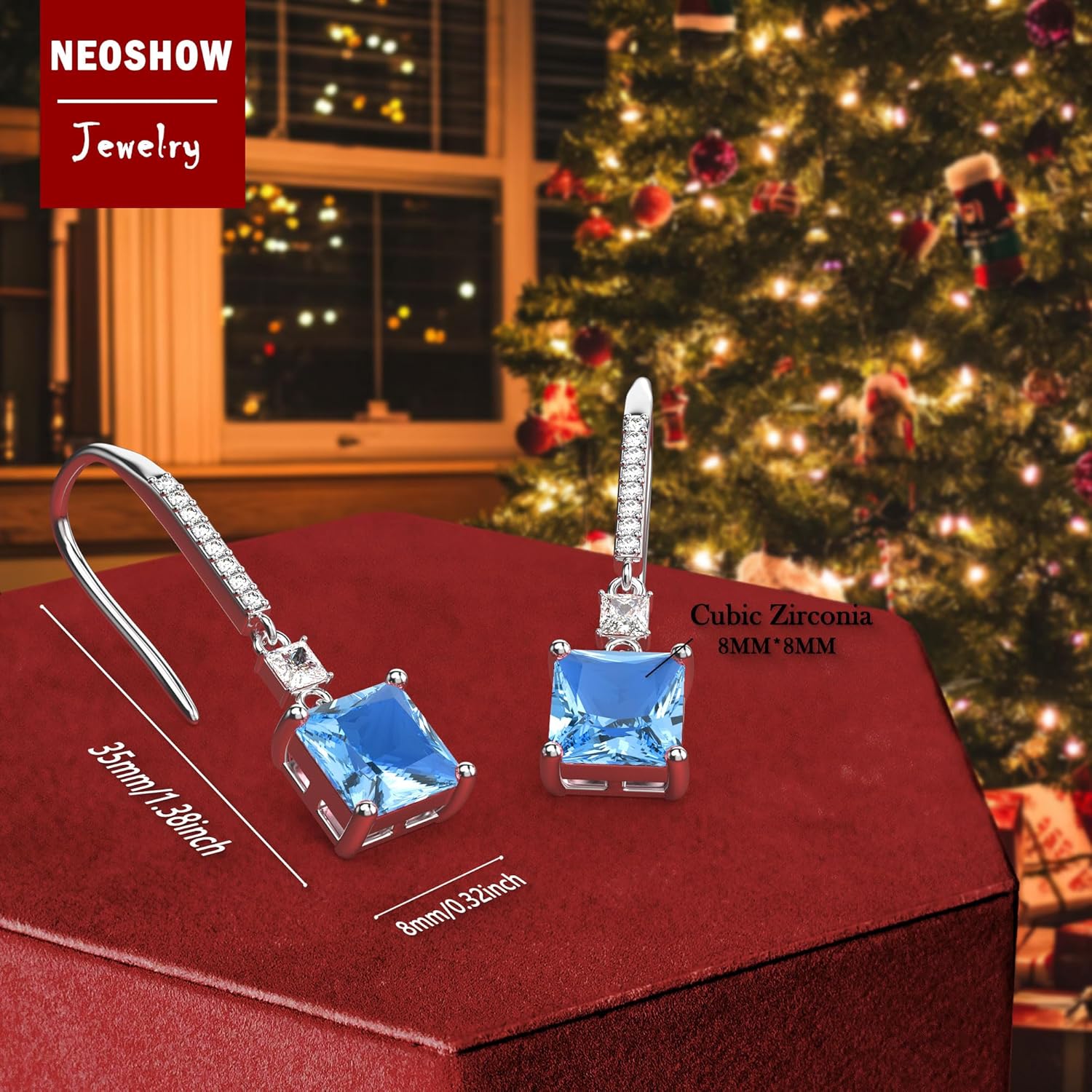18K White Gold Plated Sterling Silver Square Princess Cut Cubic Zirconia Dangle Earrings for Women Square CZ Diamond Drop Dangling Earrings for Women Mom Hypoallergenic (Aquamarine) - Image 3