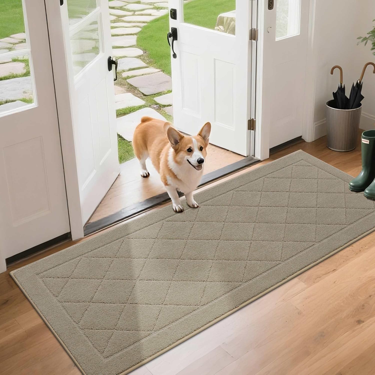 BEQHAUSE Dirt Trapper Door Mat 24" x 60", Doormat Non-Slip Entryway Rugs Washable, Dog Door Mat Stain Resistant and Absorbent Welcome Floor Mat for Front Back Door, Mud Wet Shoes & Paws, Beige