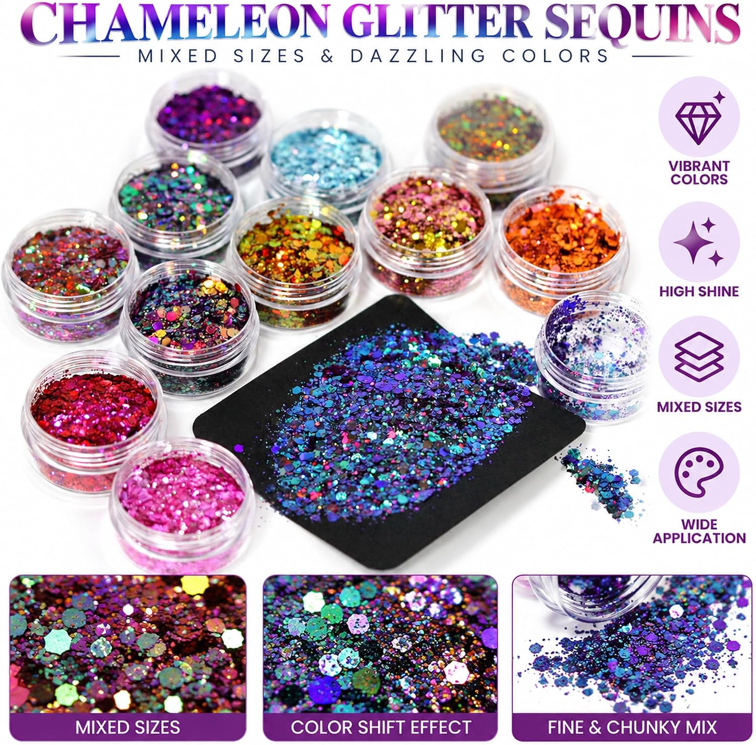 12 Jars Holographic Chameleon Chunky Glitter Set, Mixed Size Iridescent Sequin Flakes for Festival Rave Party Makeup, Resin and DIY Crafts