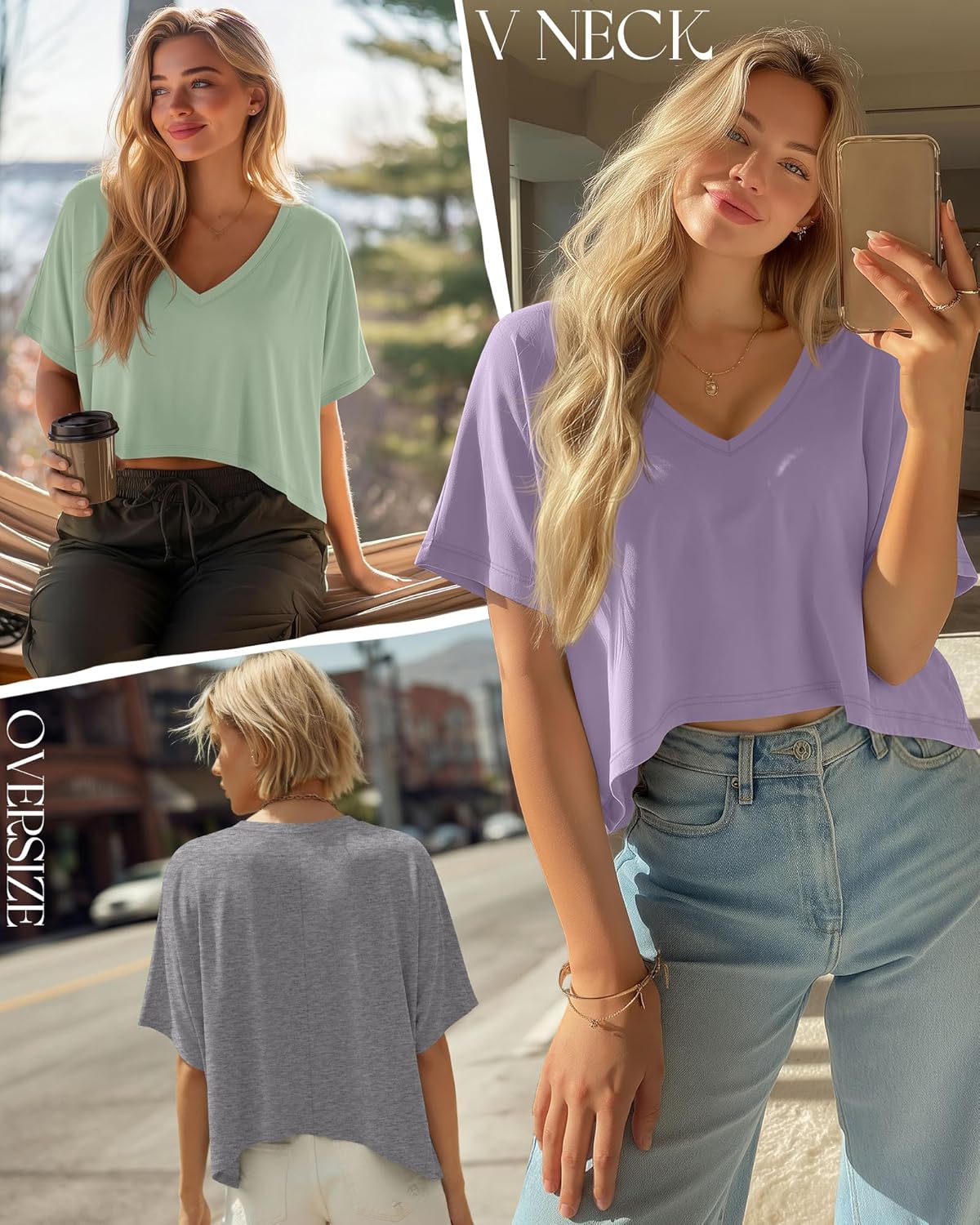 Huukeay 3 Pack Oversized T Shirts for Women Short Sleeve Crop Tops V Neck Irregular Hem Baggy Cropped Tees - Image 2