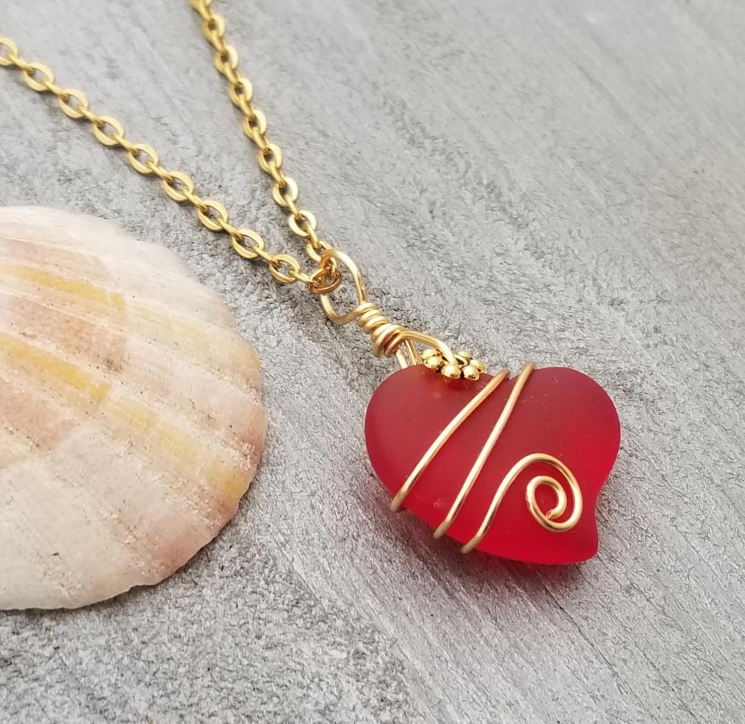 Handmade Sea Glass Necklace, Hawaiian Jewelry For Women, Gold Wire Heart Necklace, Unique Sea Glass Jewelry Gift For Women (Ruby Red - July)