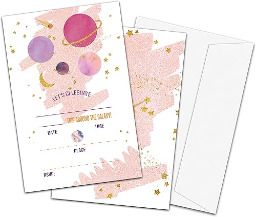 Invitaciones de cumpleaños temáticas del espacio exterior rosa viaje alrededor de la galaxia invitaciones de fiesta de cumpleaños estilo relleno con
