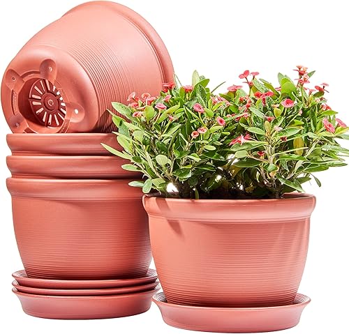 Joojeers Macetas de plástico extra gruesas y resistentes, paquete de 5 macetas de 7.8 pulgadas con agujeros de drenaje y platillos, macetas de