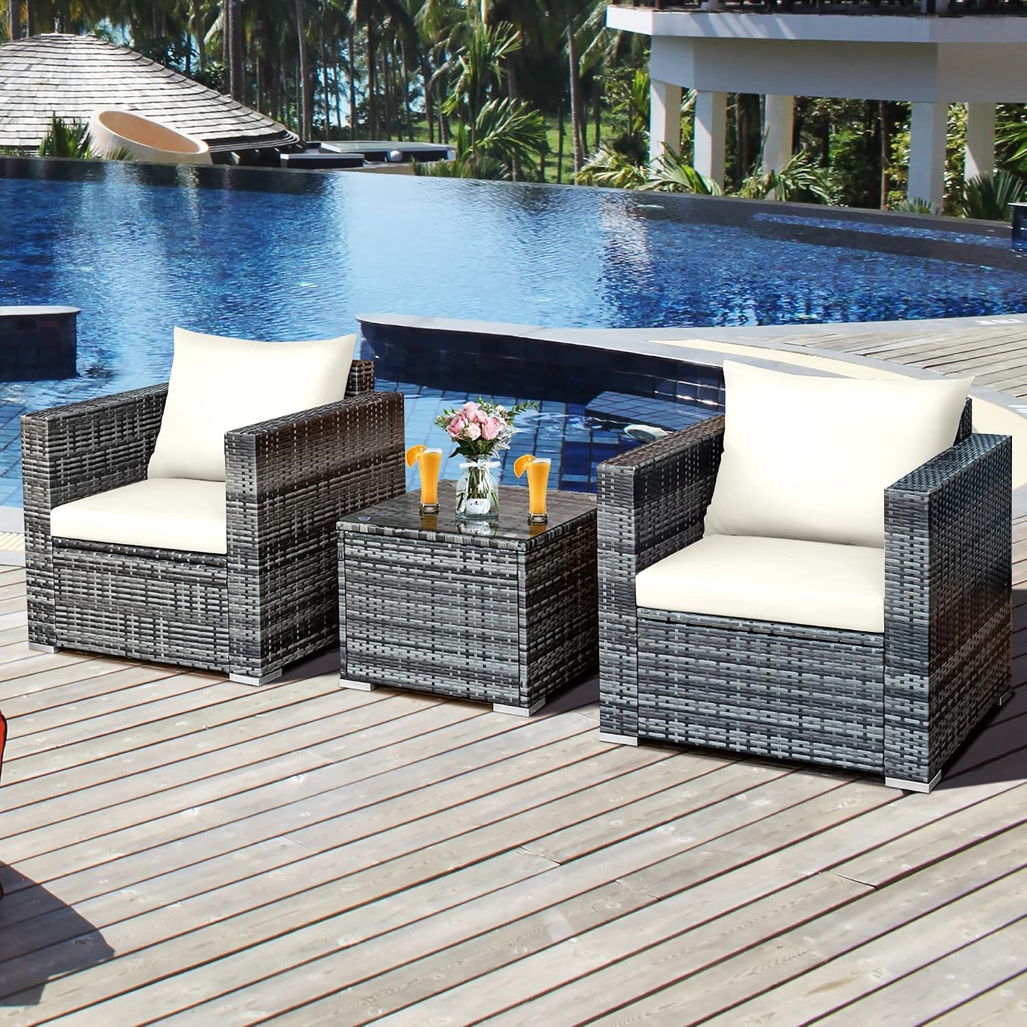 DORTALA 3 Pieces Patio Furniture Set, Outdoor Rattan Sofa Couch Set with Cushions, Tempered Glass Coffee Table, Wicker Patio Conversation Set for Lawn Backyard Poolside Balcony, White