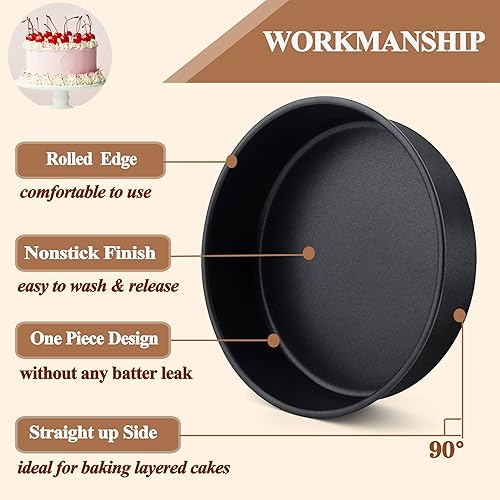 Miniatura 6 de LIANYU Juego de 3 moldes redondos de 6 x 2 pulgadas, antiadherentes negros para tartas de cumpleaños, para hornear bodas, moldes de acero inoxidable