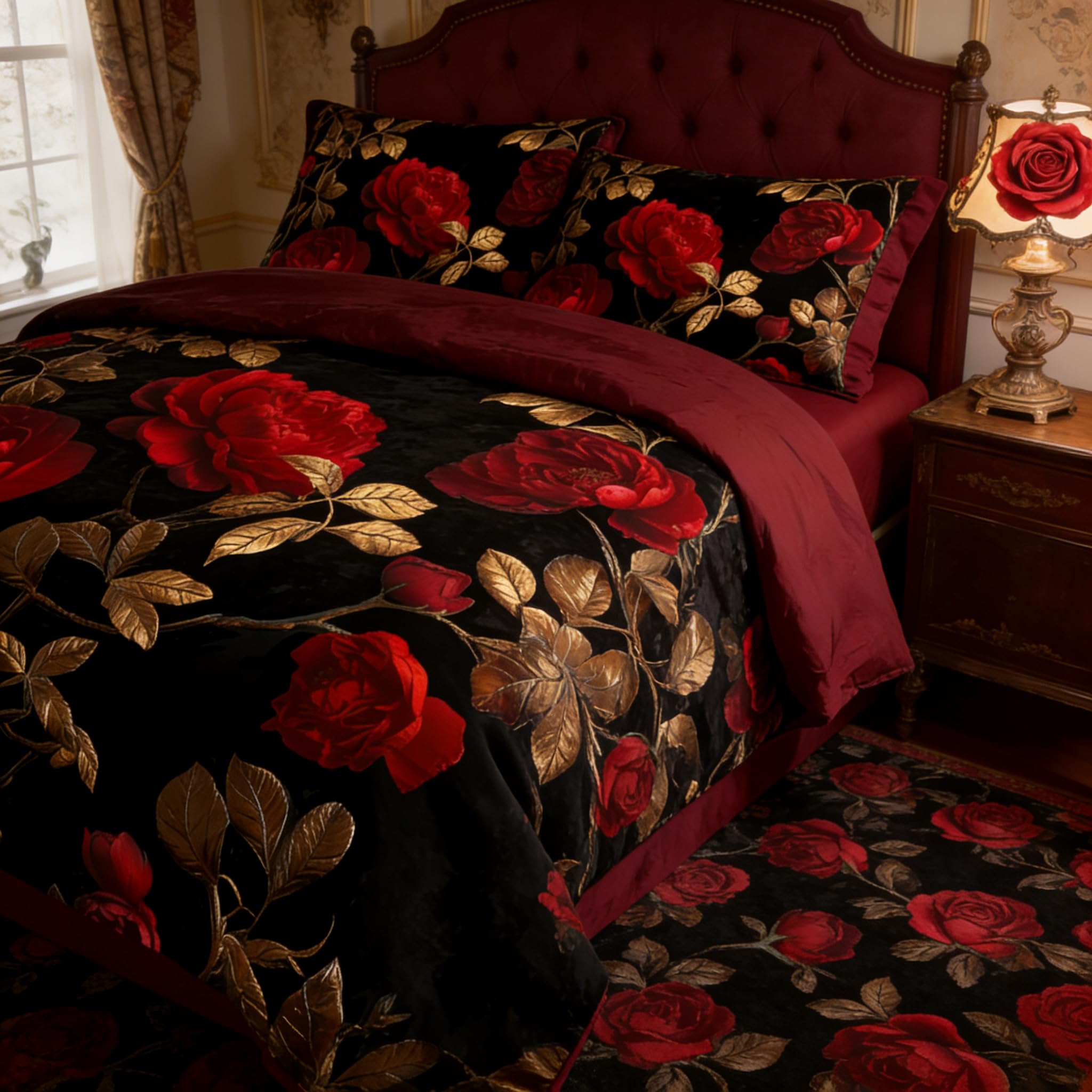 CCoutueChen Queen Size Comforter Set - 3 Pieces Red Roses Pattern Vintage Floral Bedding for Adult Women Black Flower Decor Comforter Set with 2