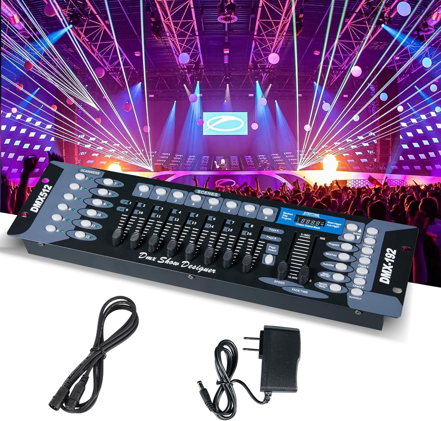 MINGJIE Professional DMX Controller for DJ Lights,192 Channe, DMX512 Stage Lighting Console With Sound Activation, 30 Programmable Scene Banks, LED Display& Cable For Disco, Club, Party & Live Events