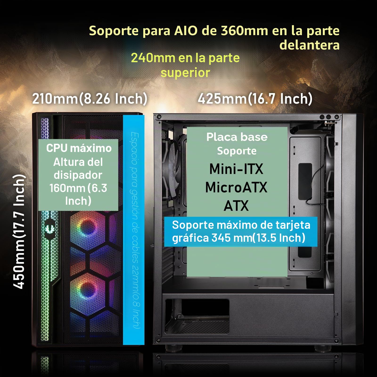 Caja para PC Media Torre Apollo (Negro) 4 Ventiladores ARGB