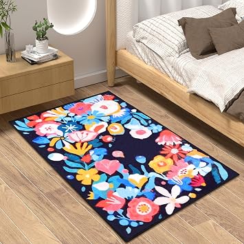 Door Mat Indoor Entrance 24 x 35.5, Non-Slip Machine Washable Boho Floral Doormat Entry Rug, Low Pile Small Area Rug for Entryway, Front Door Indoor Entrance, Black