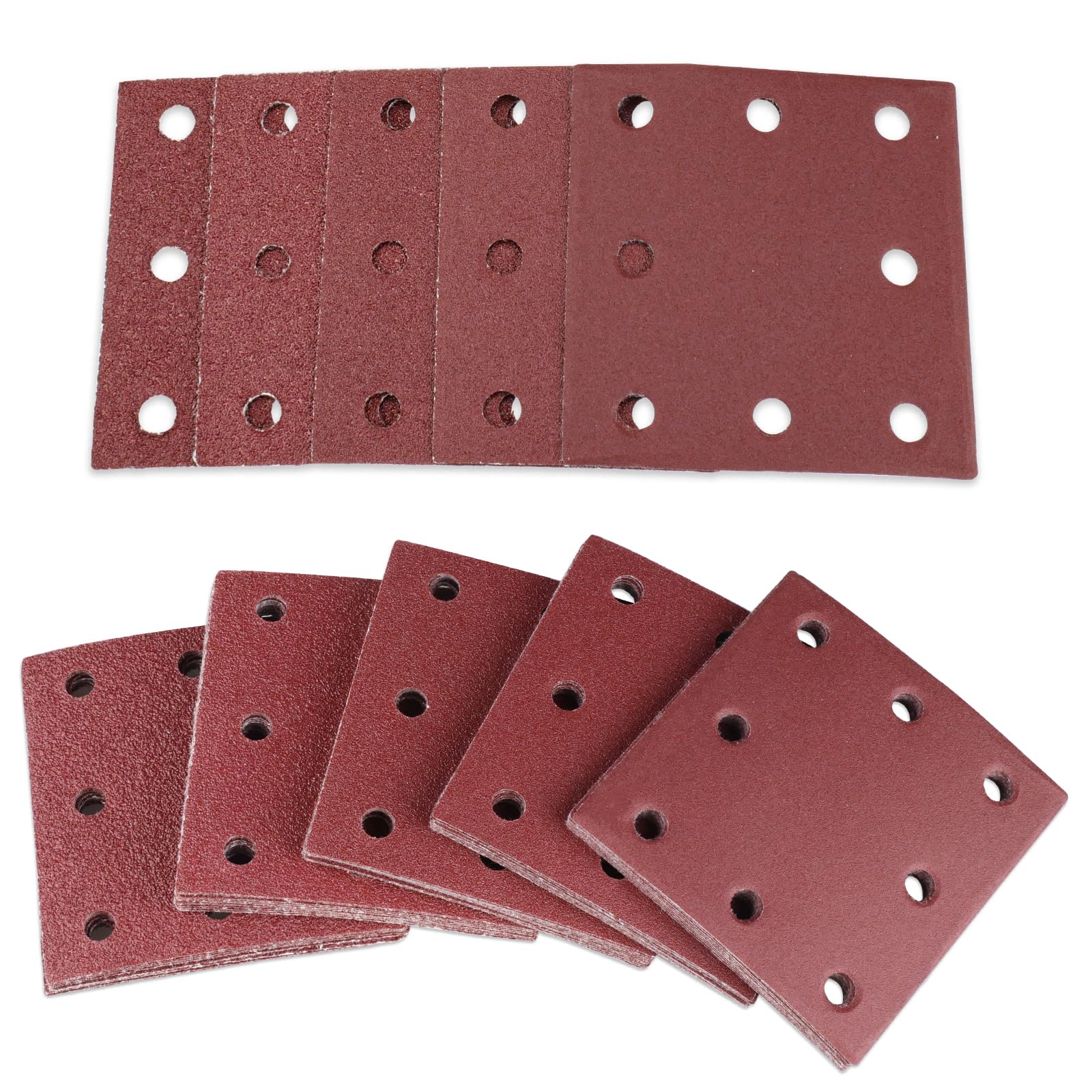 Inodiref 50 Pieces Sandpaper 115x110mm Sanding Sheets Set Sanding Pads Stick and Peel 40/60/80/120/240 Grits Sander Pads 8 Holes Sander Paper for Electric Sander Rinding Polishing and Rust Removal