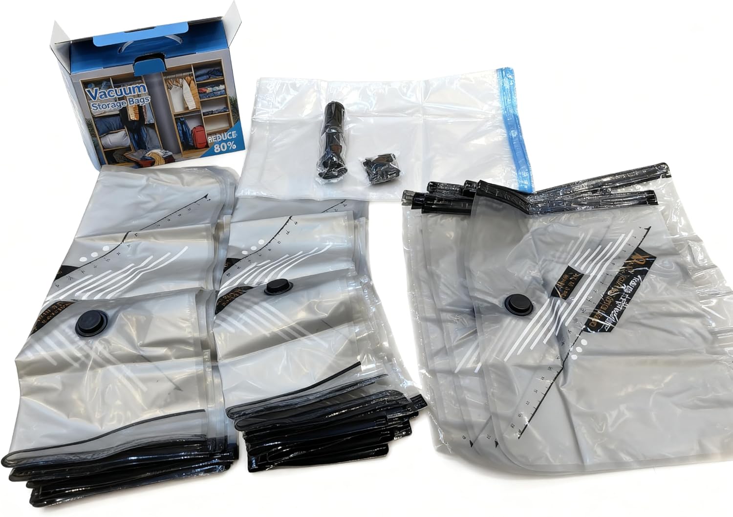 21 Piece Vacuum Storage Bags + 5 Roll Bags (Includes Manual Pump) | 7 Large + 7 Medium + 7 Small | Clothes Quilt Compression Bag for Space Saving Storage Travel