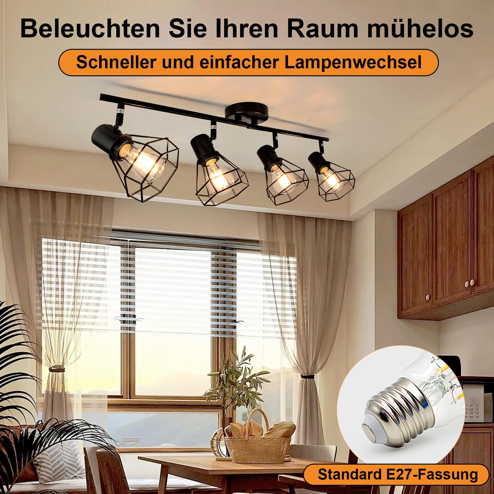 HiBay LED Deckenstrahler 4 Flammig E27 Deckenleuchte Wohnzimmer Vintage Schwenkbar 350° Deckenbeleuchtung für Schlafzimmer Flur, max. 60 Watt Ohne Leuchtmittel