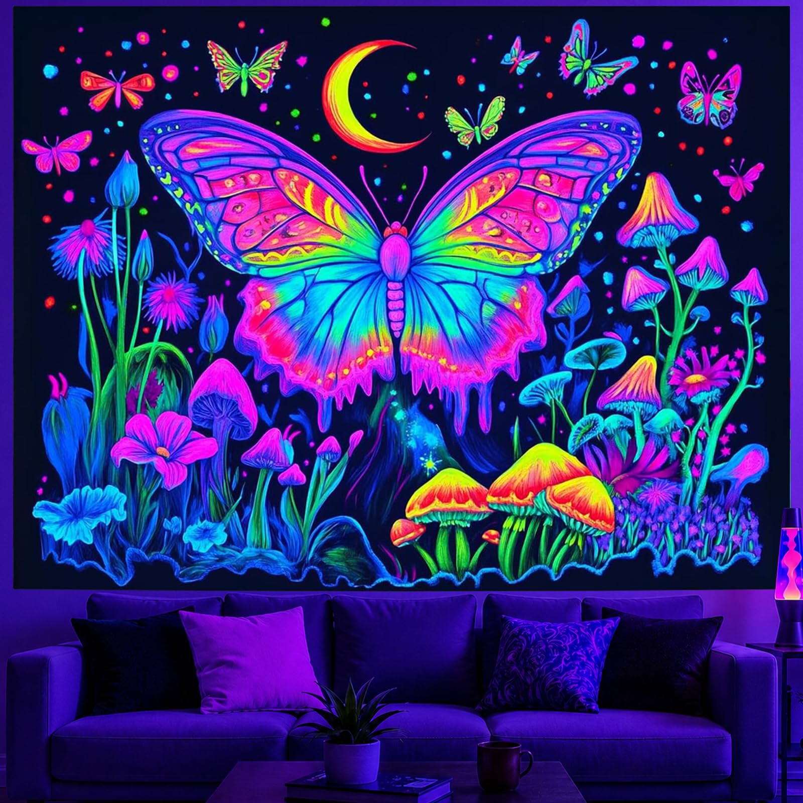 BlissYard Blacklight Tapestry Butterfly Mushroom Neon Decor 79 x 59 Inch