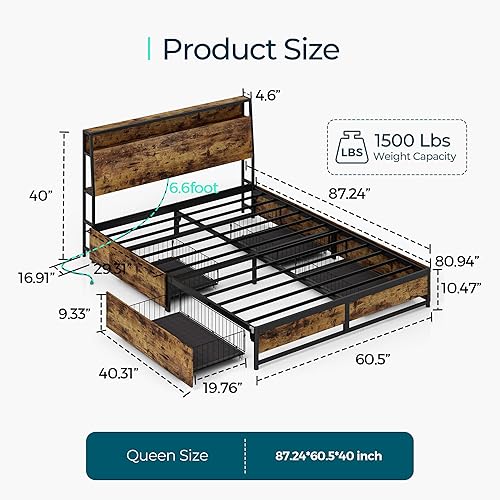 Miniatura 2 de LINSY Base de cama de tamaño matrimonial con cabecero ergonómico y 4 cajones, marco de cama de montaje rápido con luces LED y cargador rápido, marco
