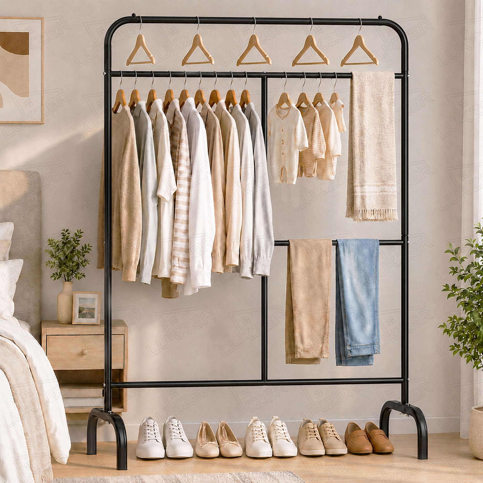Lukzer Multi-Purpose Metal Garment Stand with Multi-Level Hanging Bars | Coat Hanger, Wardrobe Organizer, Durable Metal Clothes Stand for Home and Bedroom Storage | MGS-005/Black/145 x 109 x 40 cms