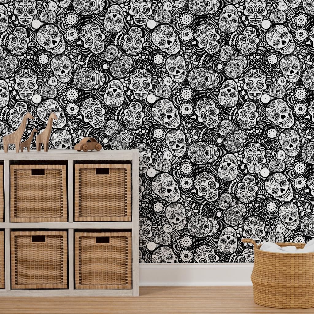 Peel & Stick Wallpaper 9ft x 2ft - Mexican Sugar Skulls Black White Extra Small Skull Coloring Halloween Custom Removable Wallpaper by Spoonflower