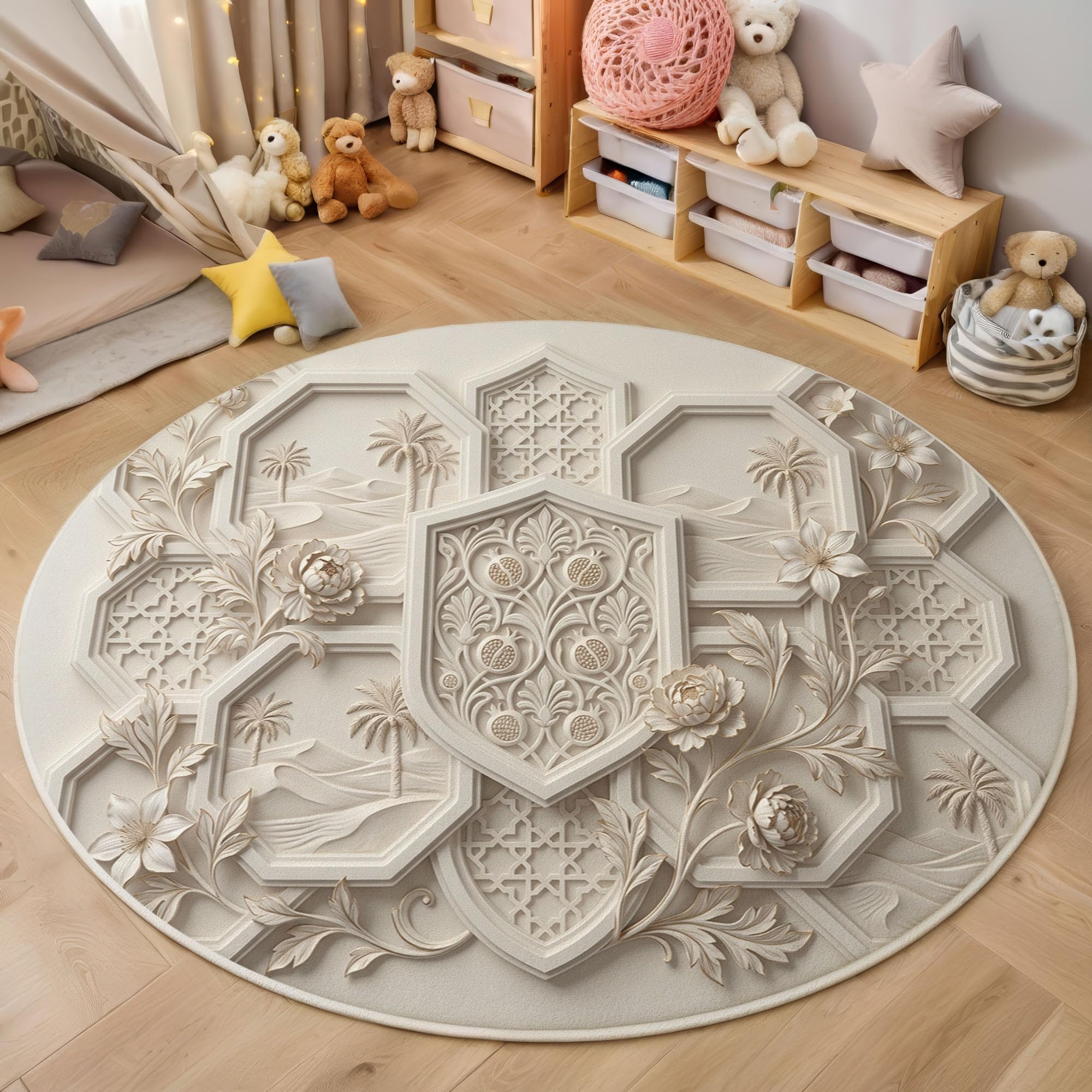 Tapis motif palmier grenade relief 3D beige 120cm rond lavable à poil ras pour intérieur