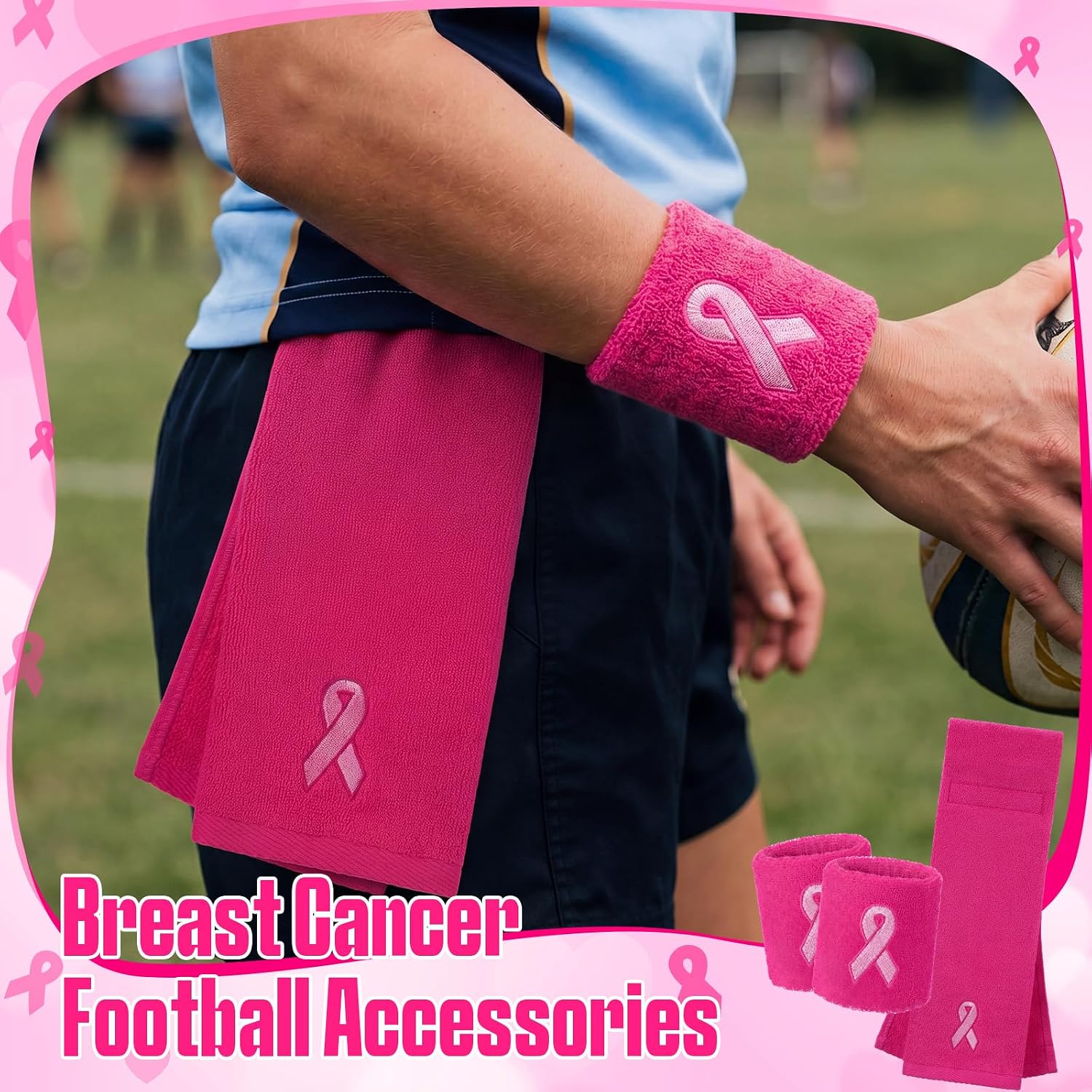 Irenare Breast Cancer Football Accessories Breast Cancer Awareness Football Pink Ribbon Sports Bundle with Cotton Towel and Microfiber Wristbands for Men Women Gym Yoga Athletes Manage Sweat (Pink) image 4