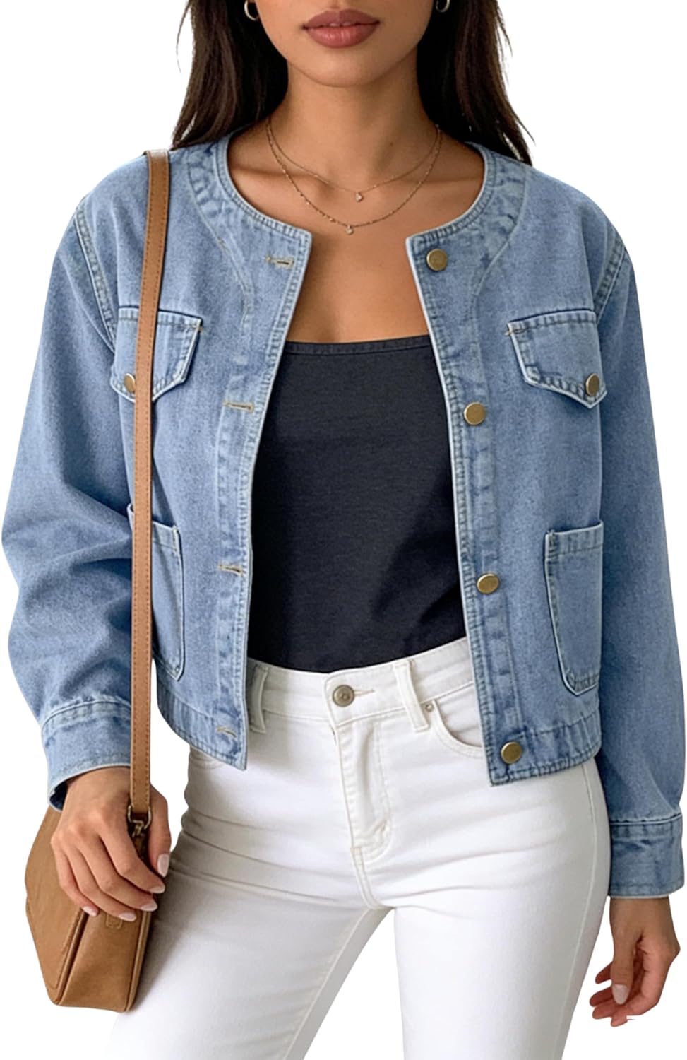 Omoone Women's Short Denim Jacket Spring Summer Long SLeeve Button Down Cropped Jean Jacket with Pockets