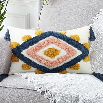 Merrycolor Boho Throw Pillow Covers Lumbar Decorative Throw Pillow Cover Tufted Woven Pillow Case Cushion Covers for Bed 1pc,12x20 Inches