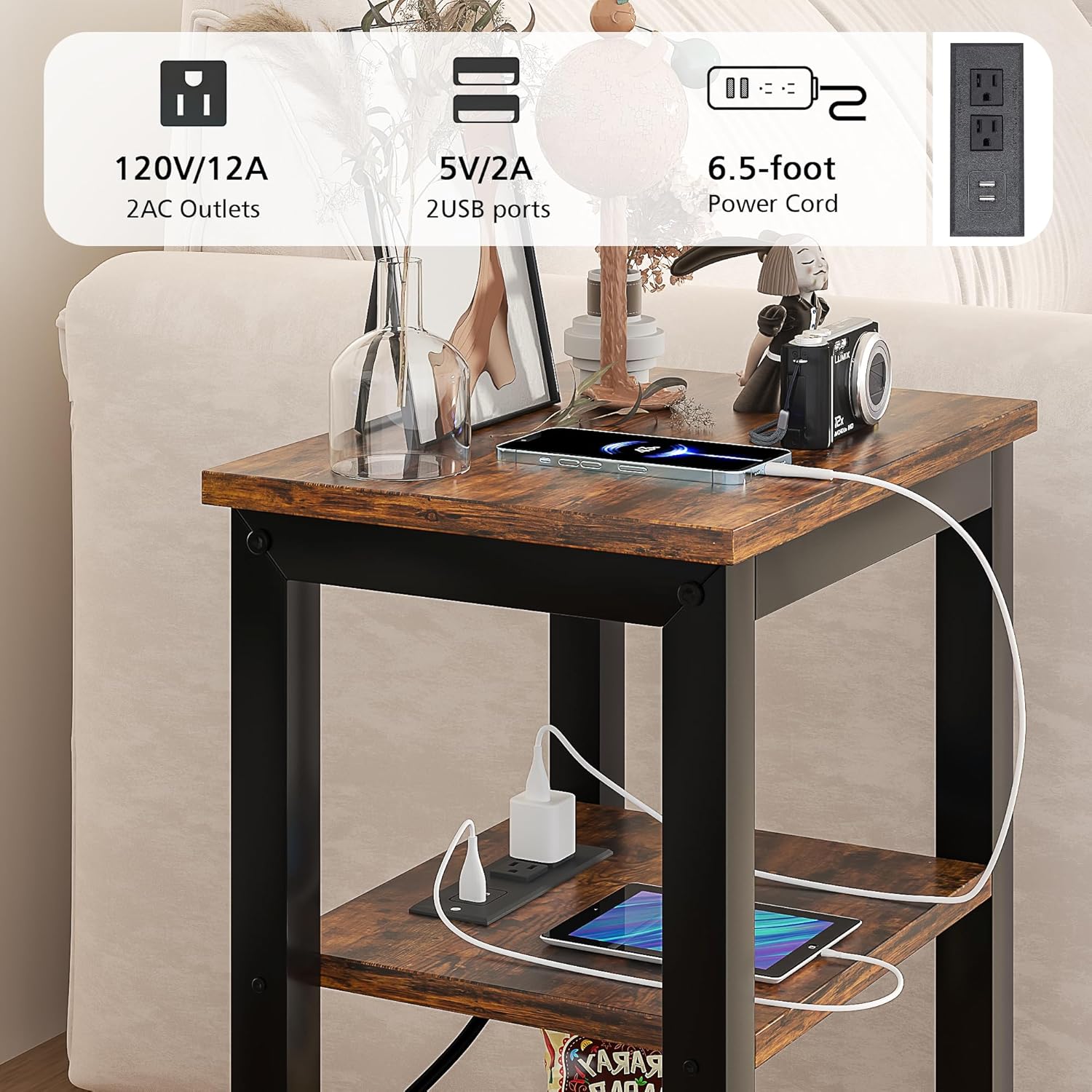 VECELO Modern Nightstands with Charging Station,Side End Table Night Stand with Storage Shelf for Small Spaces, Bedroom,Living Room
