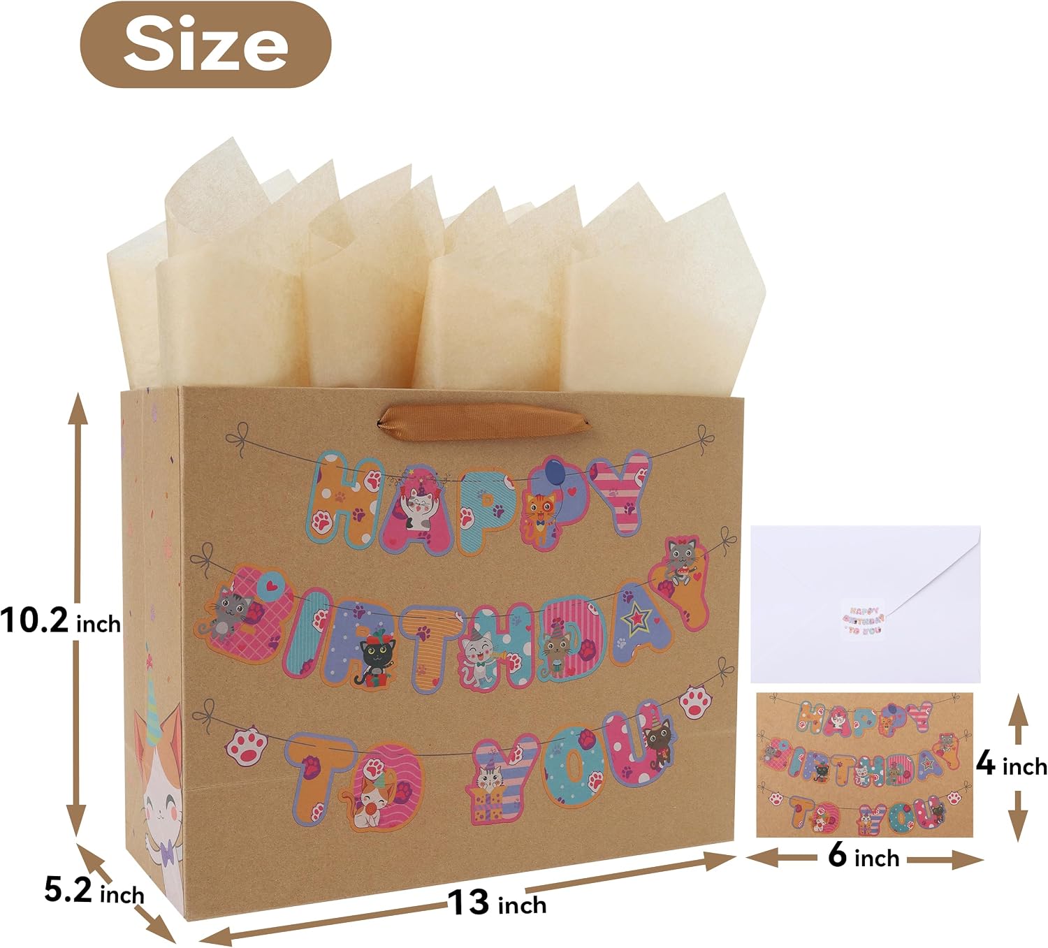 wishinside 13'' Large Kraft Cat Happy Birthday Gift Bag Set with Handles, Greeting Card, Tissue Papers and Stickers for Girls Kids Teens Women, Kitty-themed Banner Design, 1 Pcs image 2