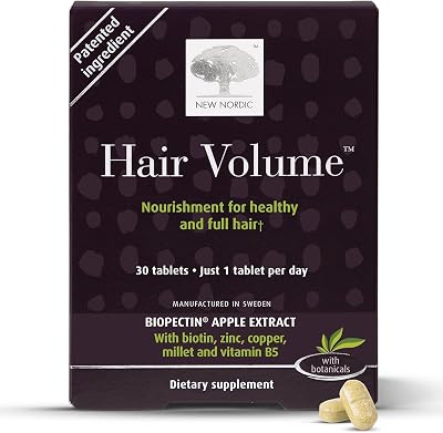 New Nordic Hair Volume Tablets, 3000 mcg Biotin & Biopectin Apple Extract, Hair Vitamins to Support Natural Hair Growth, 30 Count (Pack of 1)