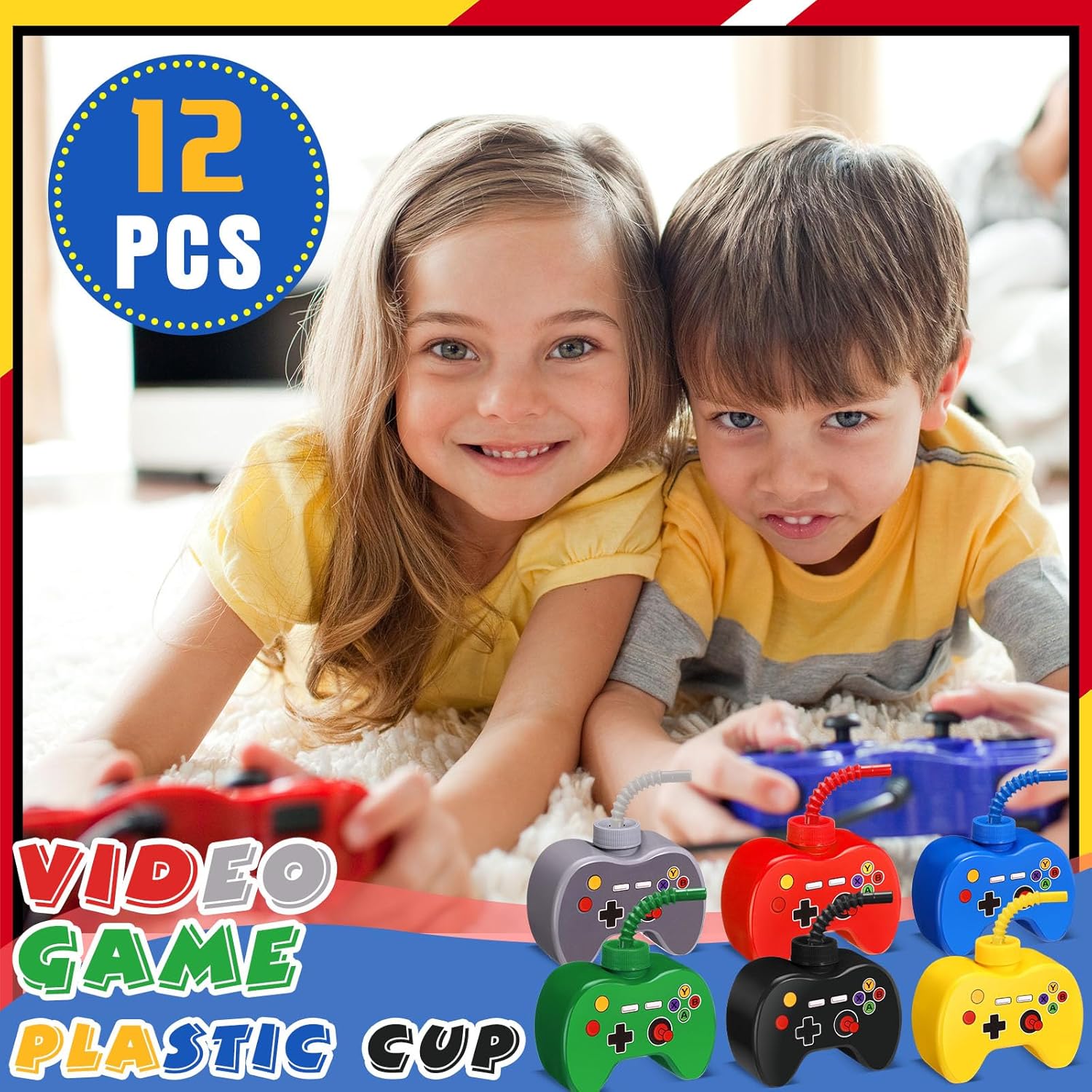 Tanlade 12 Pcs Plastic Video Game Party Cups with Straw and Lid, 10 oz Gamer Birthday Cups Video Gaming Party Favors for Boy Gamer