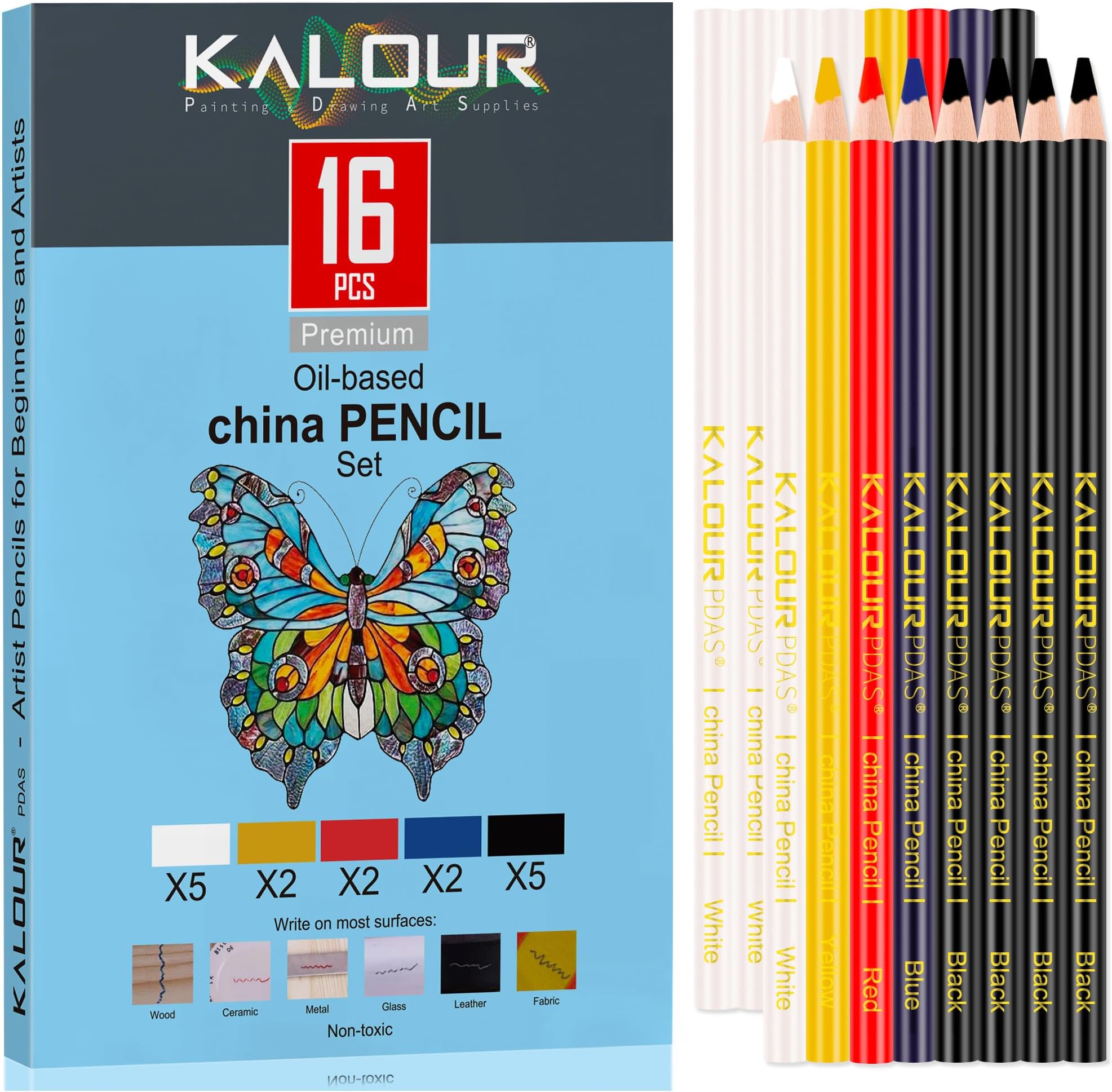 Kalour 16 PCS China Markers Grease Pencils - 5 Colors - Marking on Smooth Surfaces Like Glass, Cellophane,Vinyl,Metal,Ceramics,Plastic,Wood,Fabric,Stone,Leather -Ideal for Art,Woodworking,Construction