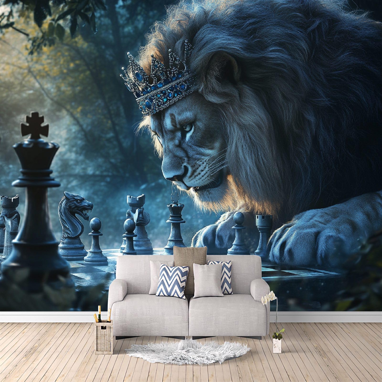 Mural ścienny lew włóknina 200 x 140 cm fototapeta efekt 3D lew król szachy tapeta mural zwierzęta grafika tło naklejki ścienne do salonu sypialni dziecięcej