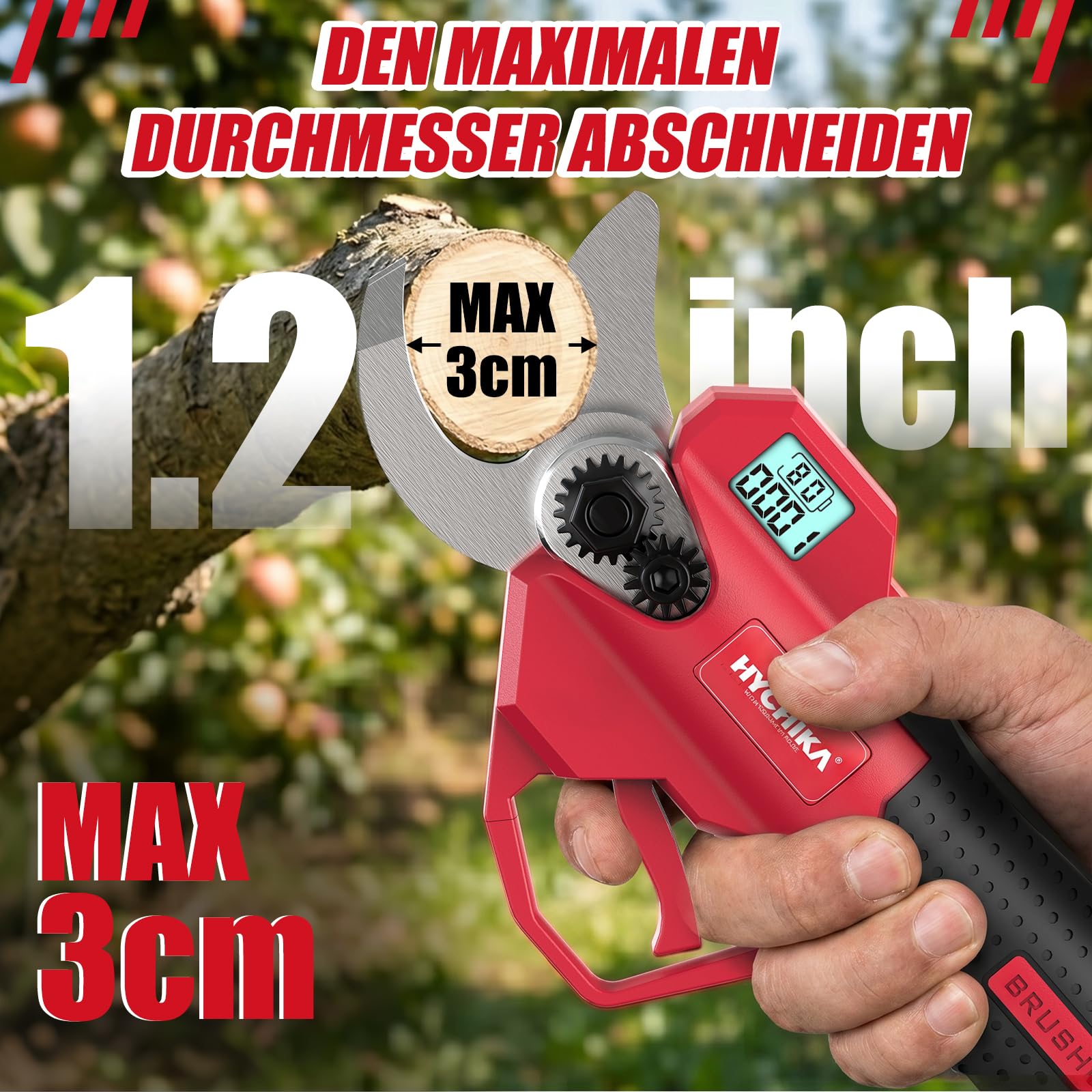 HYCHIKA akku astschere 21 V mit Akku bis 30 mm für Baumpflege | Profi Astschere mit langlebigen SK5 Klingen und LCD-Display. Inklusive 2x 1.5Ah Batterien, ideal für Hecken.