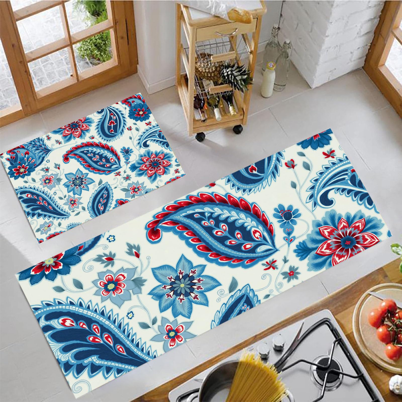 Tapetes de cocina antifatiga y lavables con diseño étnico paisley turquesa