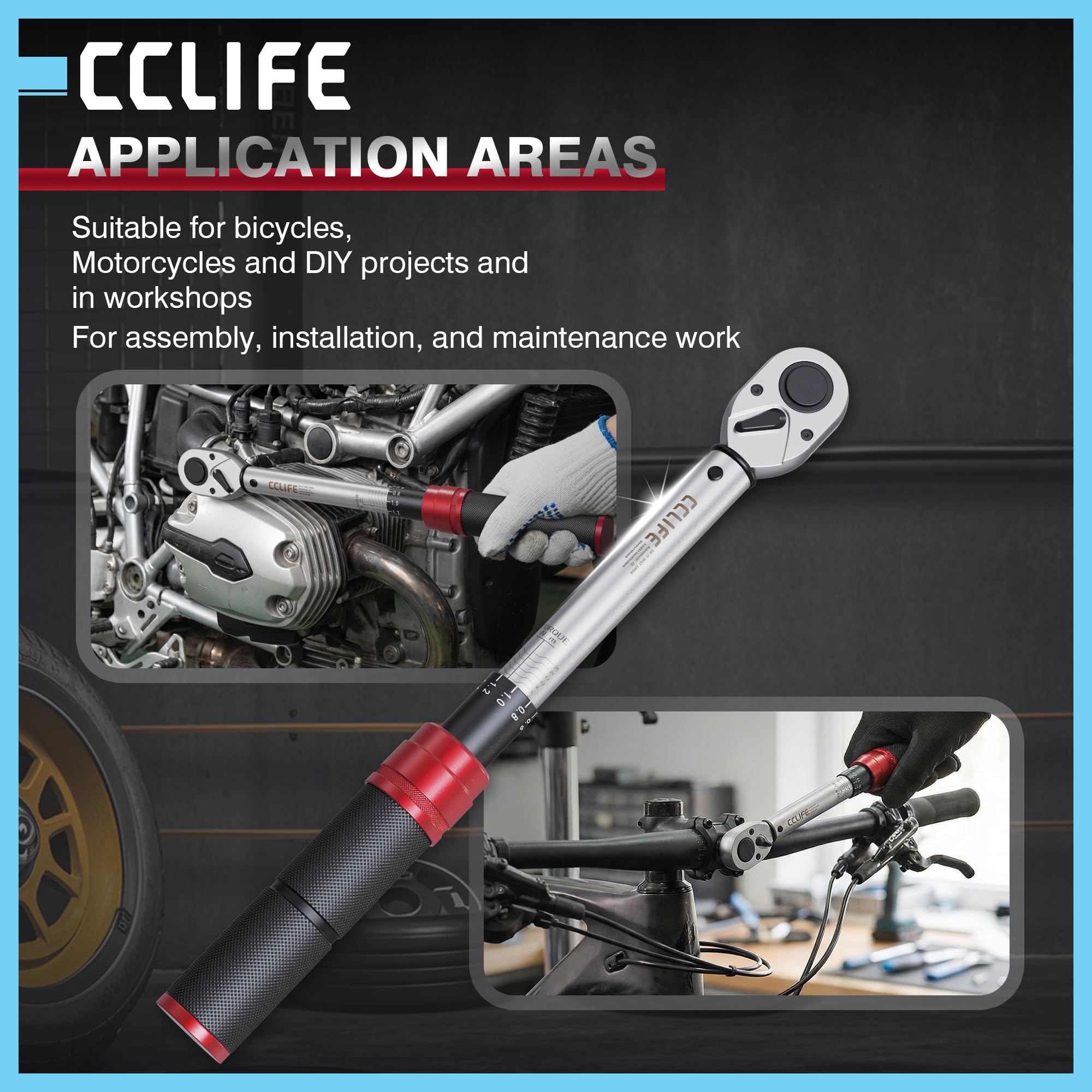 CCLIFE Klucz dynamometryczny 1/4 cala Click 1-25 Nm – precyzyjny moment obrotowy klucz do roweru i motocykla, niezawodne kliknięcie, łatwe ustawienie skali do warsztatu i prac typu "zrób to sam"