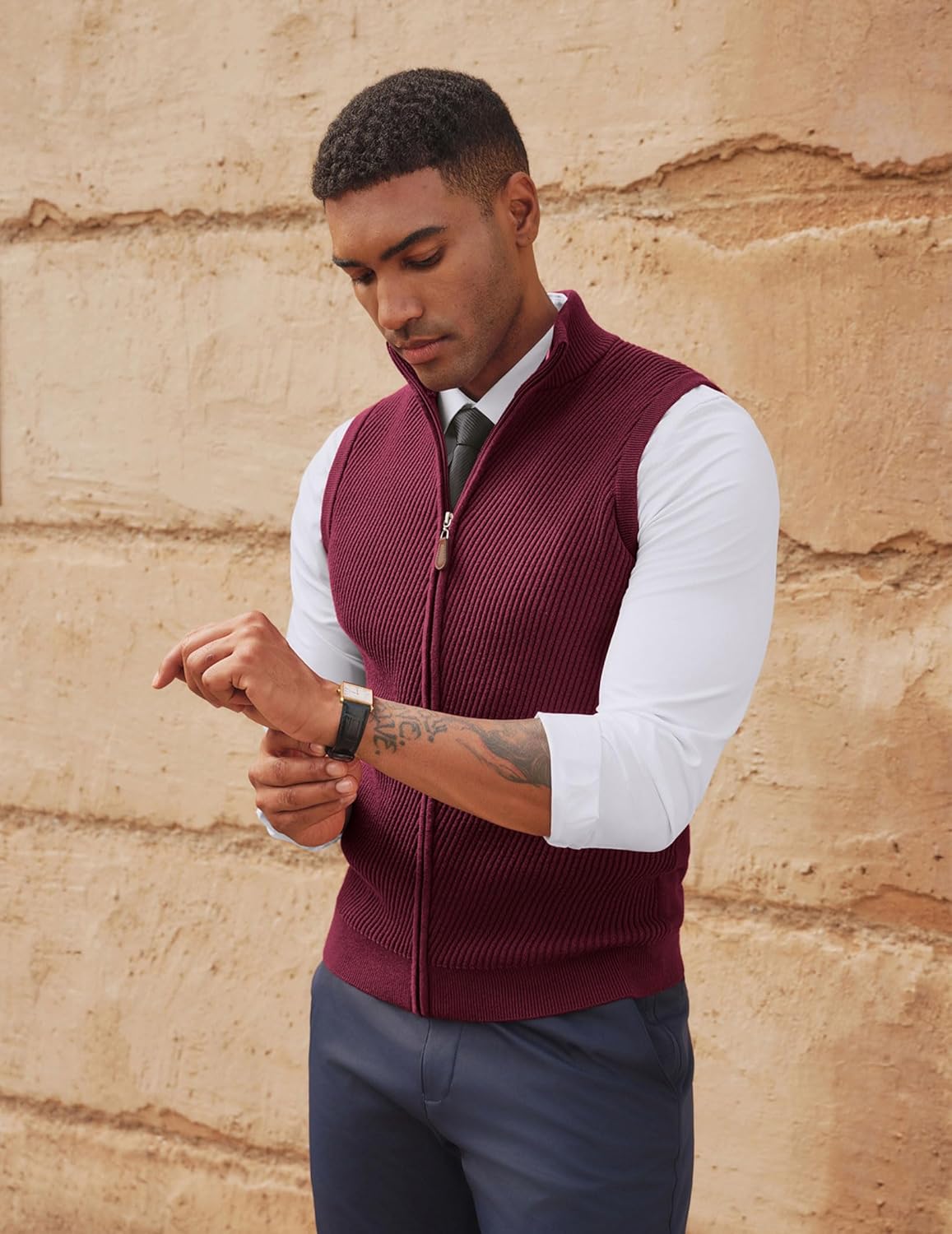 PJ PAUL JONES Men's Sweater Vests Slim Fit Twill Textured Full Zip Sleeveless Vests Casual Outwear - Image 3