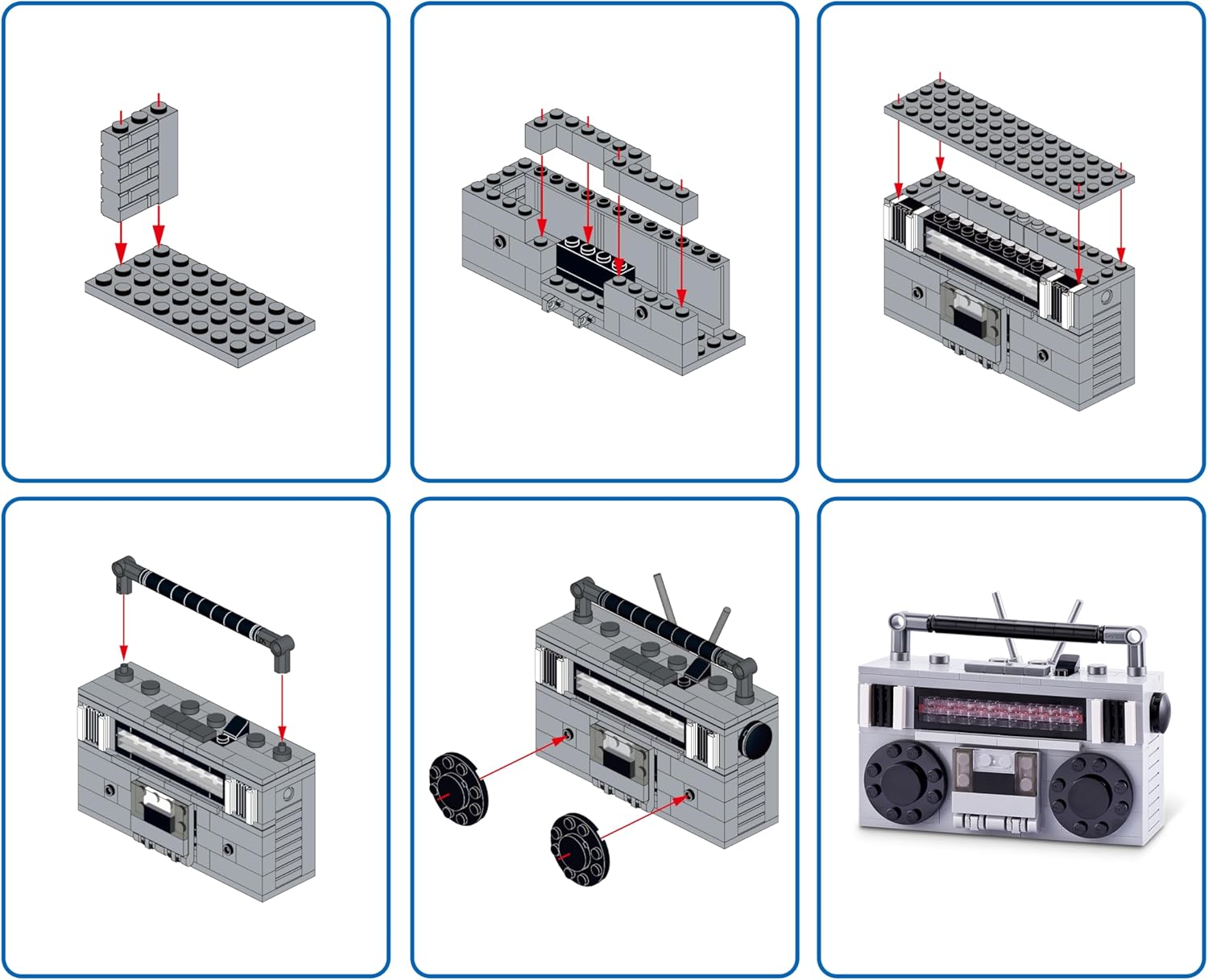 Step-by-step visual assembly instructions for the MAX Premium Retro Building Bricks Cassette Radio.