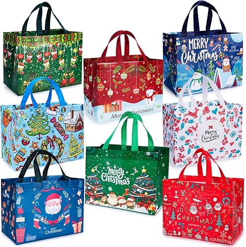 Iioscre 8 bolsas grandes de regalo de Navidad con asas, bolsas reutilizables no tejidas para regalos de fiestas y Año Nuevo, 12.8 x 9.8 x 6.7