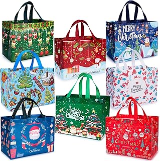 Iioscre 8PCS Christmas Gift Bags,Large Christmas Bags with Handles,Christmas Treat Bags for gifts,Non-Woven Christmas Goodie Bag,Reusable Xmas holiday gift bags for Party New Year, 12.8 * 9.8 * 6.7in