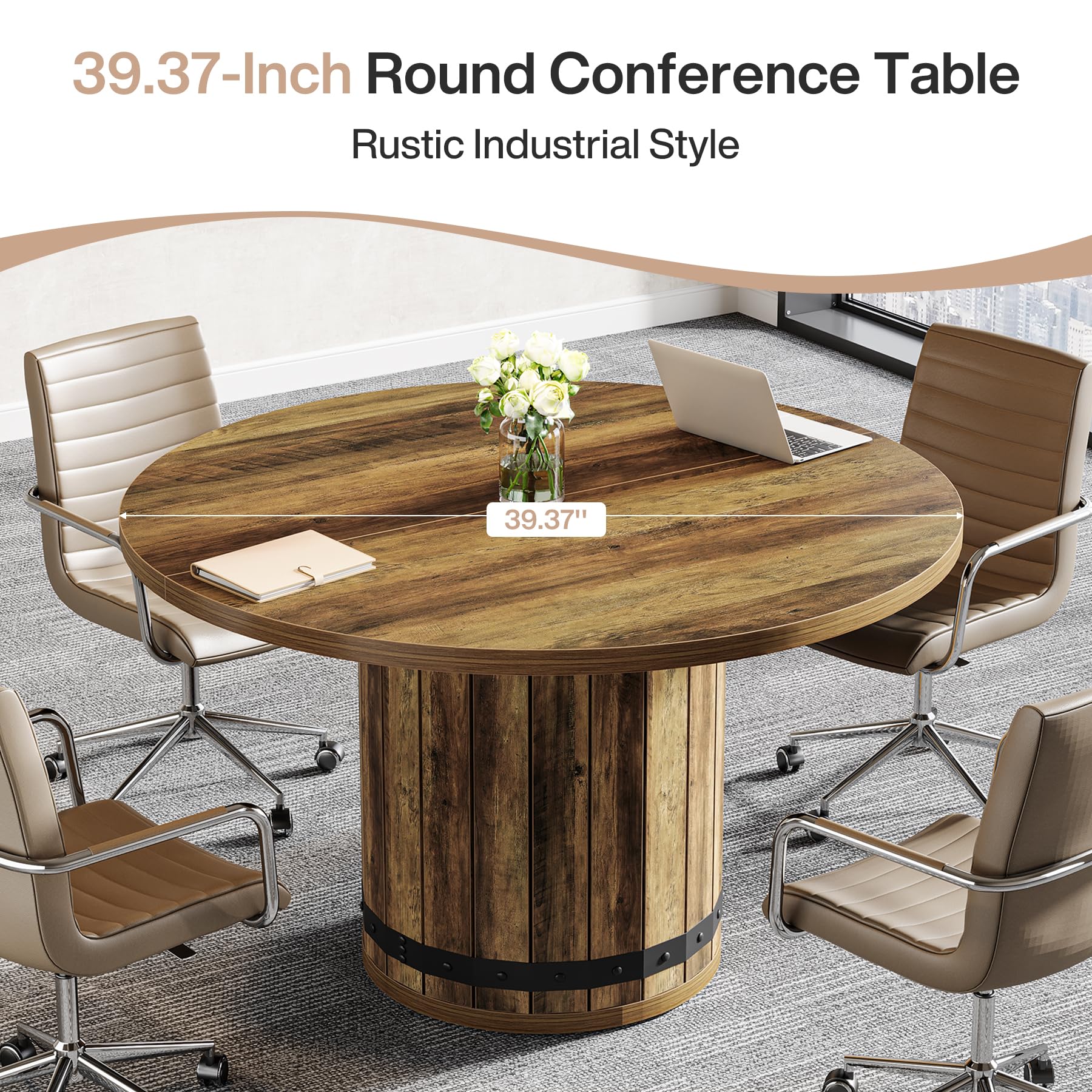 Tribesigns Runder Konferenztisch 100 cm für 2-4 Personen, Landhaus Besprechungstisch mit Zaun-Pedestal, Rustikales Braun, Seminar-Tisch rund, Besprechungsraum, Büro, ohne Stühle