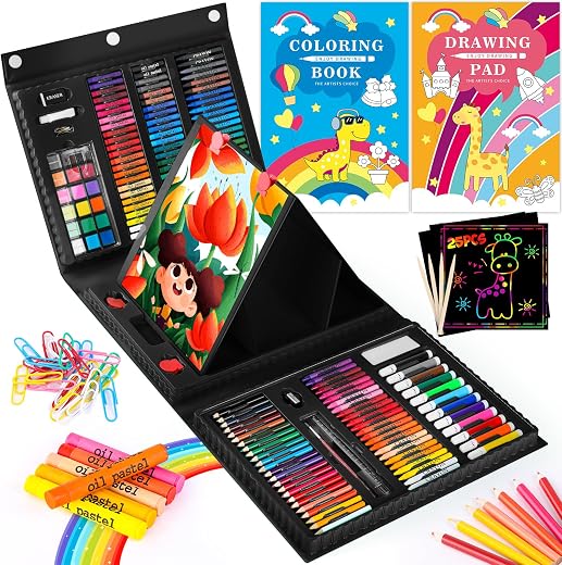 iBayam 222 Piece Drawing Supplies Art Set Kit for Girls Boys Teens Artist Kids Children 5 6 7 8 9 11 12, Deluxe Beginners Art Case Gift with Trifold Easel, 2 Sketch Pads, Pastels, Crayons, Pencils